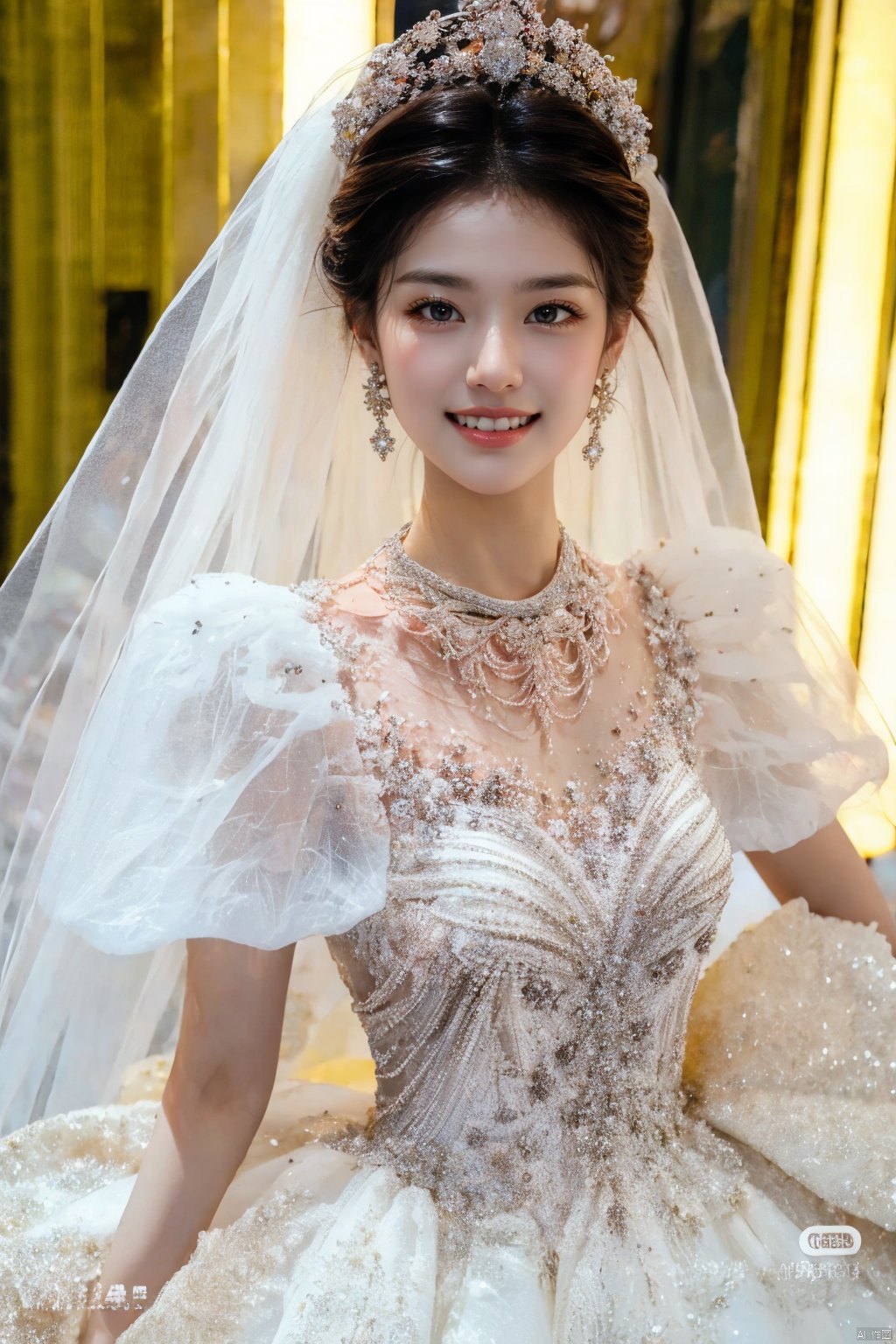  Ultra-clear 8k, real, night, smile, crown, necklace, perspective, hanger, nudity, diamonds, bridal veil, Golden wedding dress, 1 girl, wedding dress