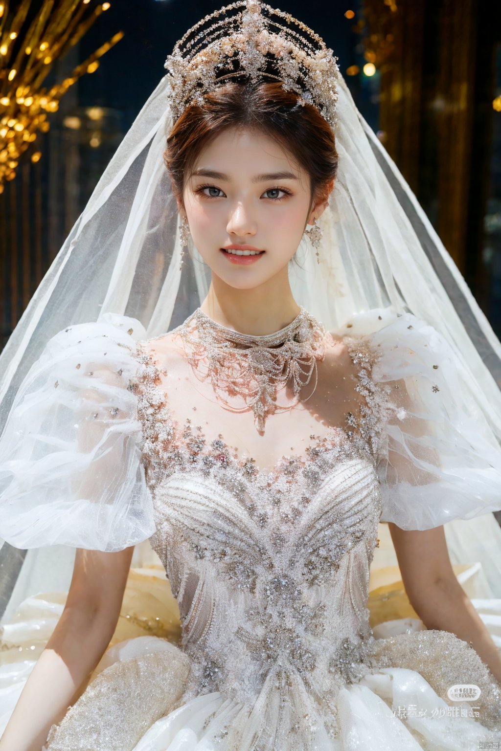  Ultra-clear 8k, real, night, smile, crown, necklace, perspective, hanger, nudity, diamonds, bridal veil, Golden wedding dress, 1 girl, wedding dress