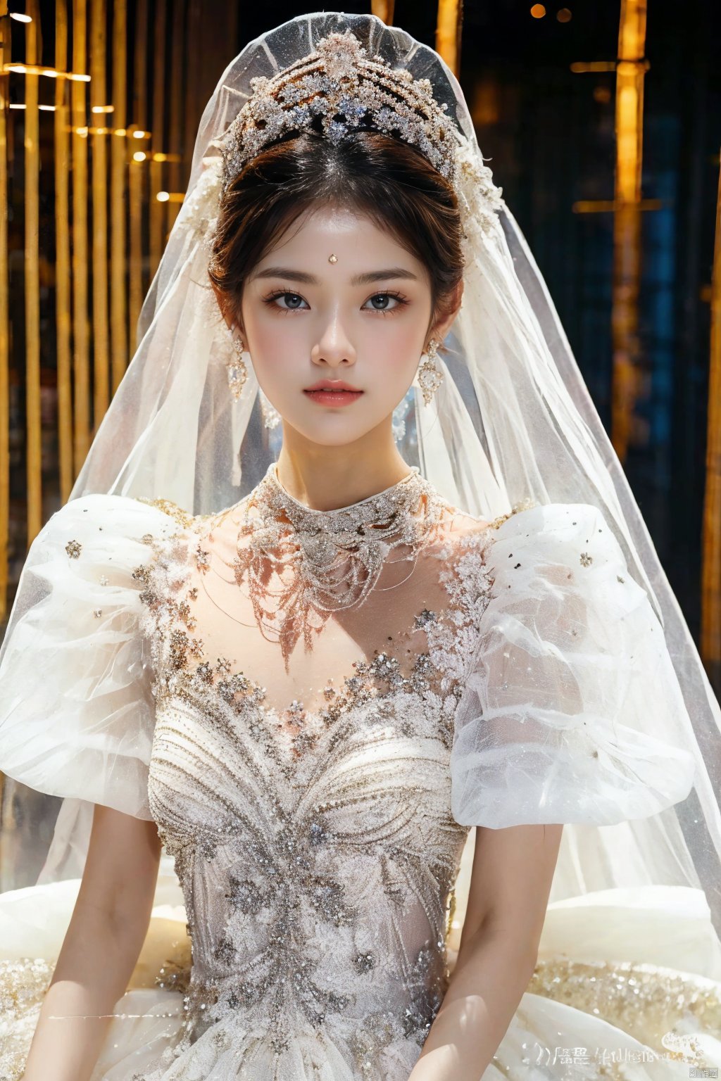  Ultra-clear 8k, real, night, smile, crown, necklace, perspective, hanger, nudity, diamonds, bridal veil, Golden wedding dress, 1 girl, wedding dress