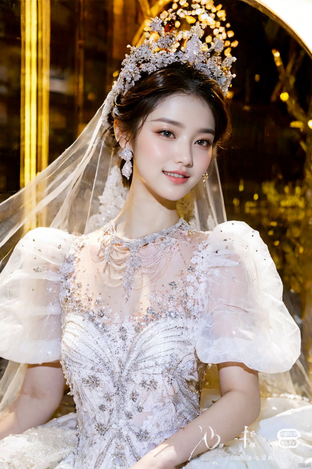  Ultra-clear 8k, real, night, smile, crown, necklace, perspective, hanger, nudity, diamonds, bridal veil, Golden wedding dress, 1 girl, wedding dress