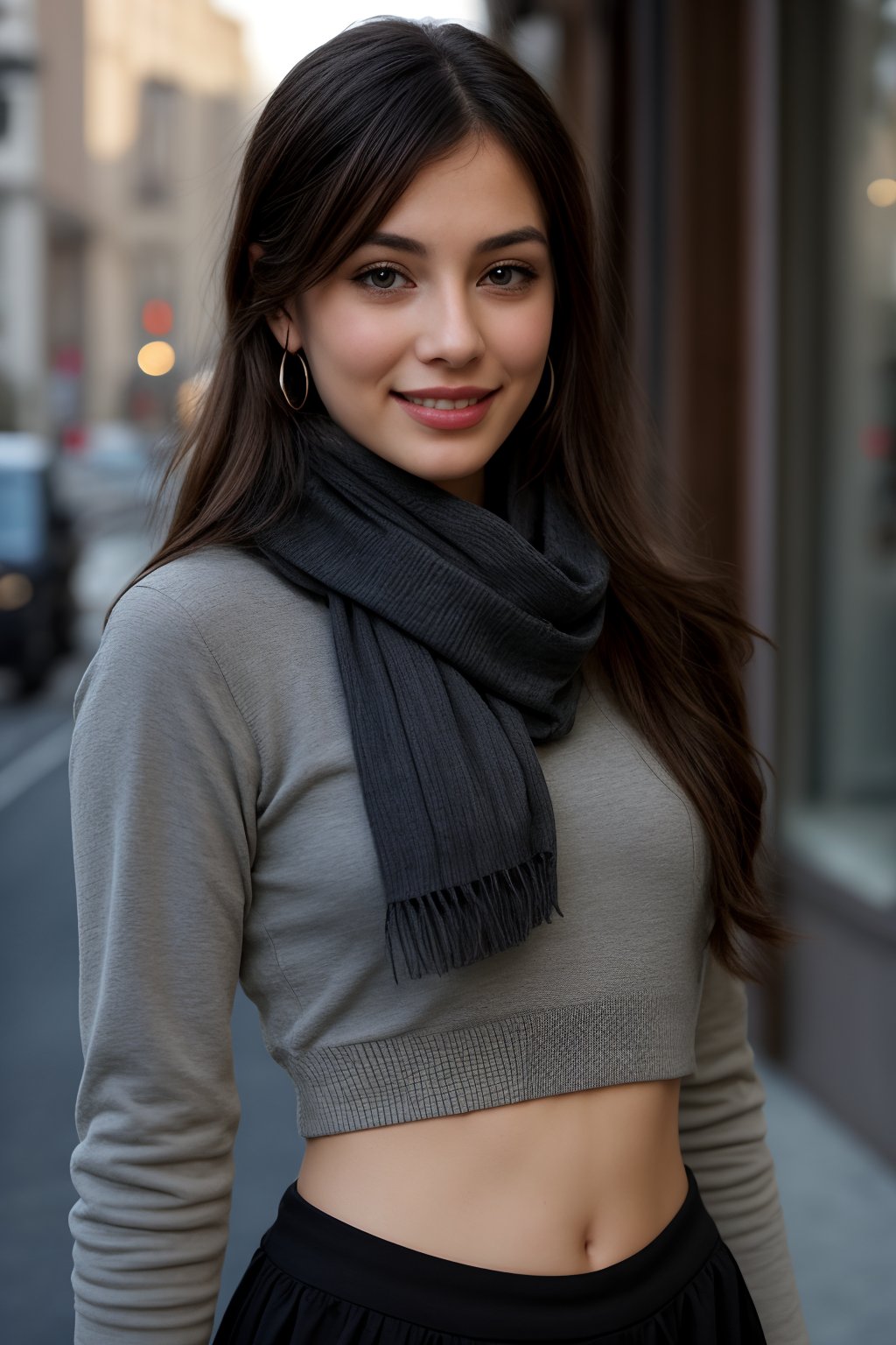 Beautiful and delicate light, (beautiful and delicate eyes), pale skin, big smile, (brown eyes), (black long hair), dreamy, medium chest, Midriff exposed, woman 1, (front shot),  bangs, soft expression, height 170, elegance, bright smile, 8k art photo, realistic concept art, realistic, portrait, necklace, small earrings, handbag, fantasy, jewelry, shyness, skirt, winter down parka, scarf, snowy street, footprints,hourglass 