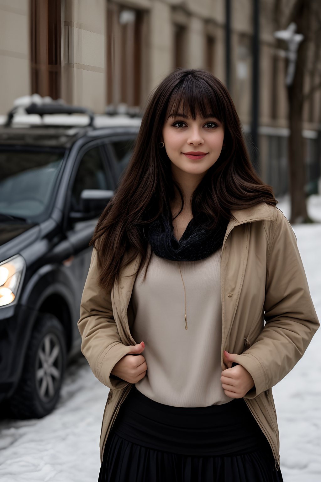 Beautiful and delicate light, (beautiful and delicate eyes), pale skin, big smile, (brown eyes), (black long hair), dreamy, medium chest, woman 1, (front shot),  bangs, soft expression, height 170, elegance, bright smile, 8k art photo, realistic concept art, realistic, portrait, necklace, small earrings, handbag, fantasy, jewelry, shyness, skirt, winter down parka, scarf, snowy street, footprints,hourglass 