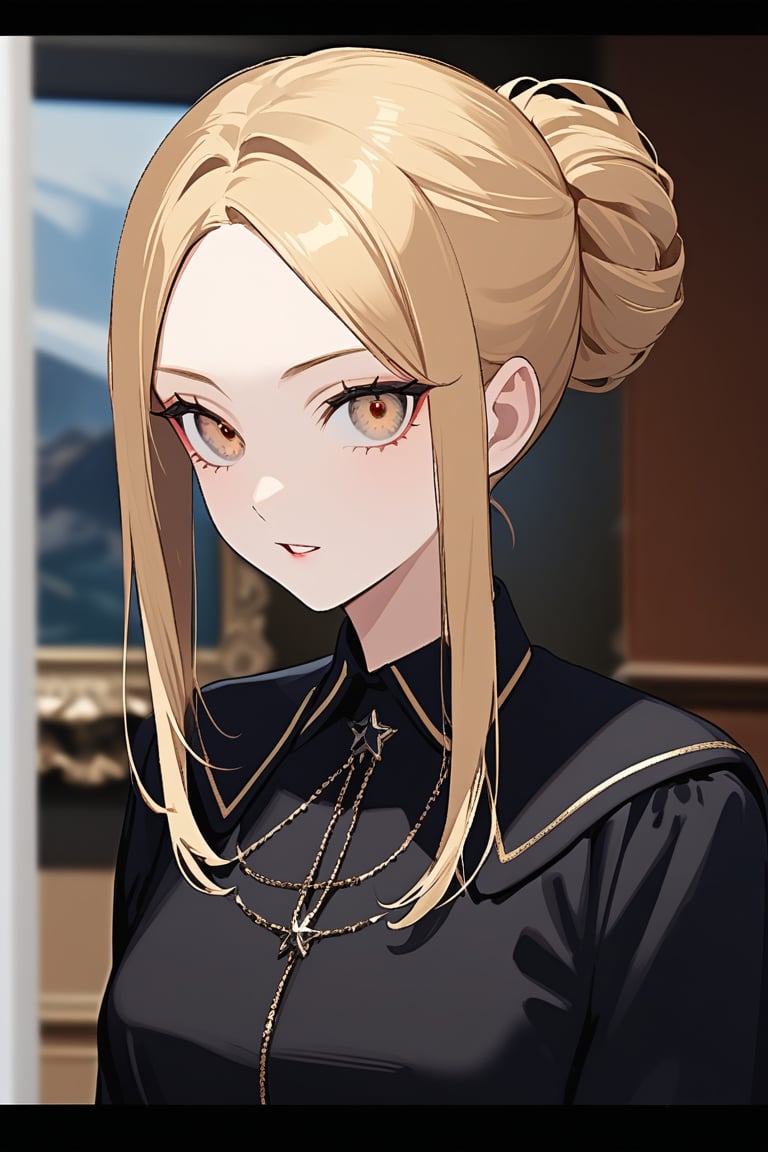 Beautiful girl. She is very badass, she wears a black schoolgirl uniform. The background of the picture is a luxurious high school, detailed image, detailed skin. Himecut hairstyle, ambar eyes, blonde hair.,Eyes