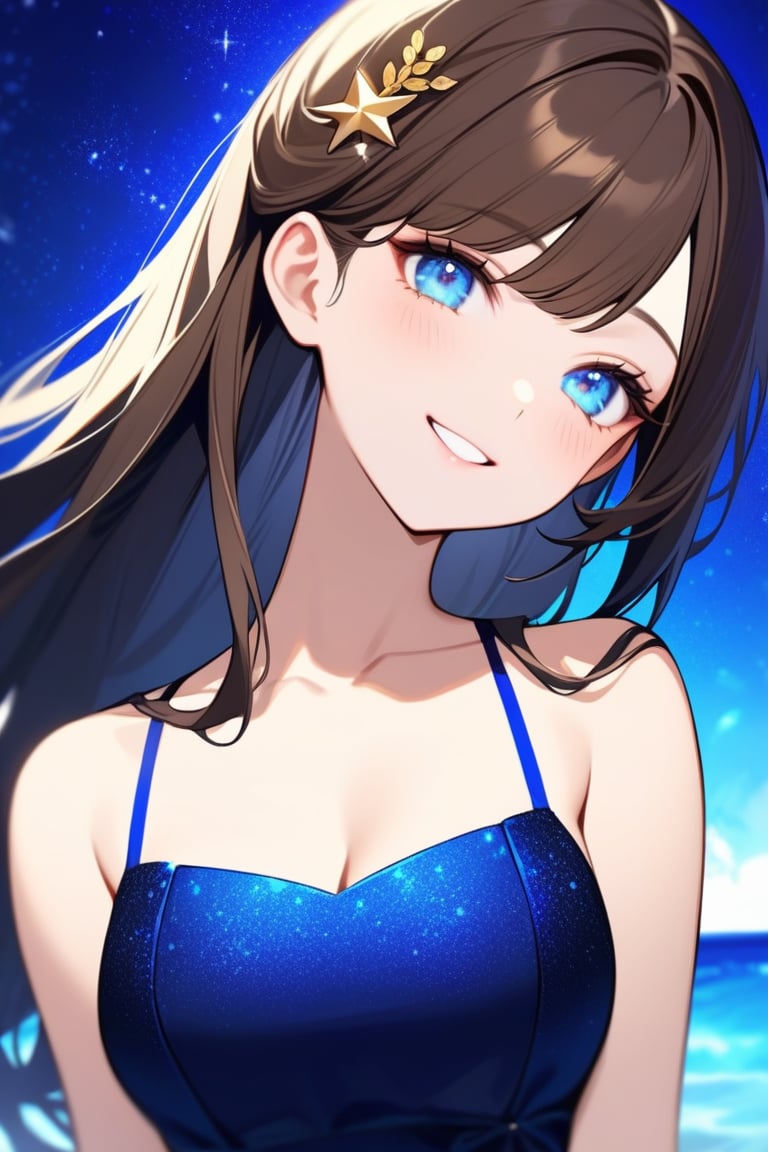Beautiful girl. She is very badass. She's wearing a beautiful blue evening dress. The background of the picture is a luxurious city. Detailed image, detailed skin; tender smile. Himecut hairstyle, brown long hair, golden hairpin. blue eyes, symbol of stars in the eyes. very Close-up, Proportional and beautyful body. It's nightime.,Eyes