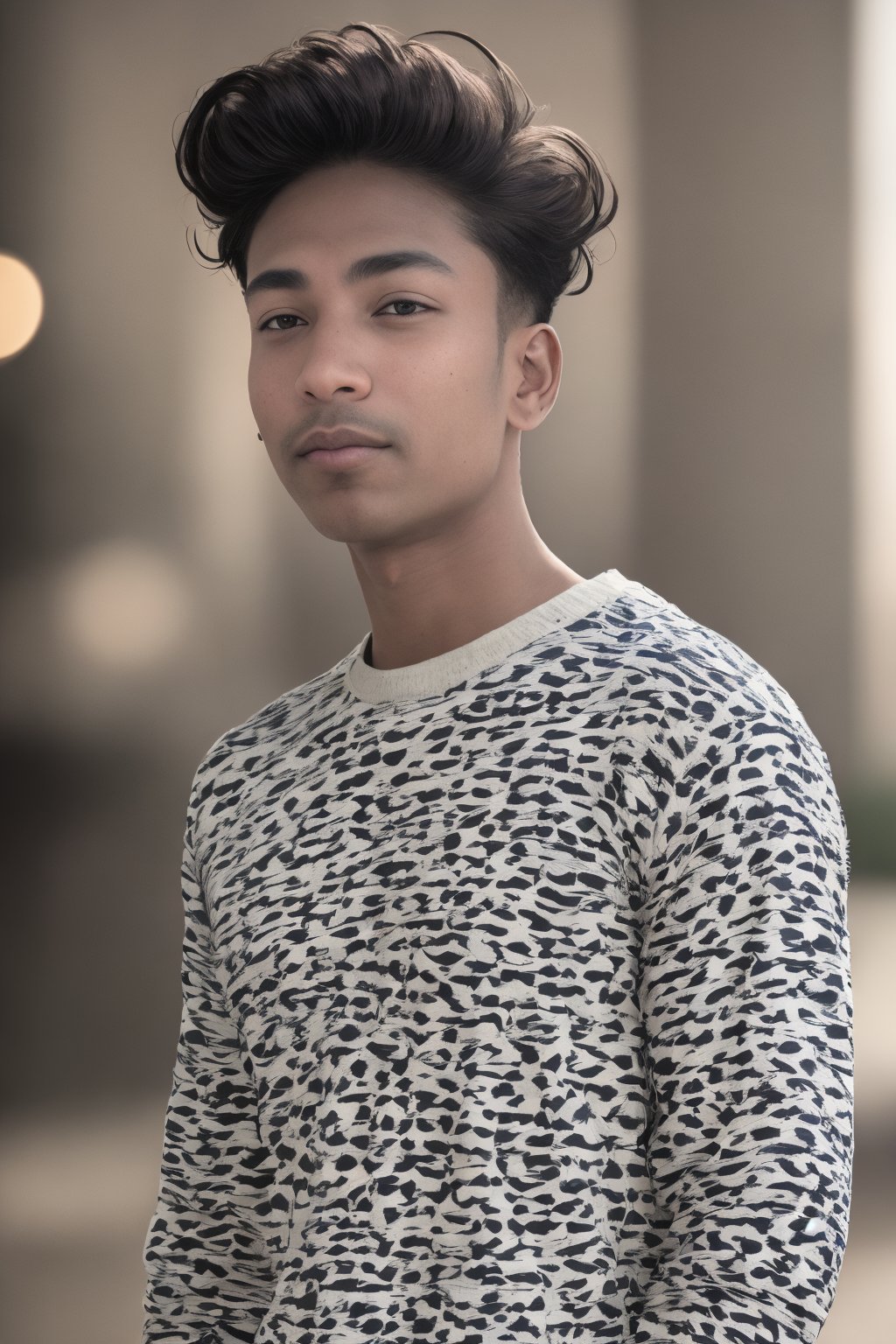 solo, looking at viewer, short hair, full  sleeves sweater, black hair, jeans , half size, 32k, 1boy, closed mouth, standing, , male focus, in outside, black eyes, facial hair, shaved male, realistic, This breathtaking photograph, shot on a Canon 1DX with a 50 mm f/2.8 lens, beautifully showcases the raw and authentic beauty of life. high resolution 8k image quality,