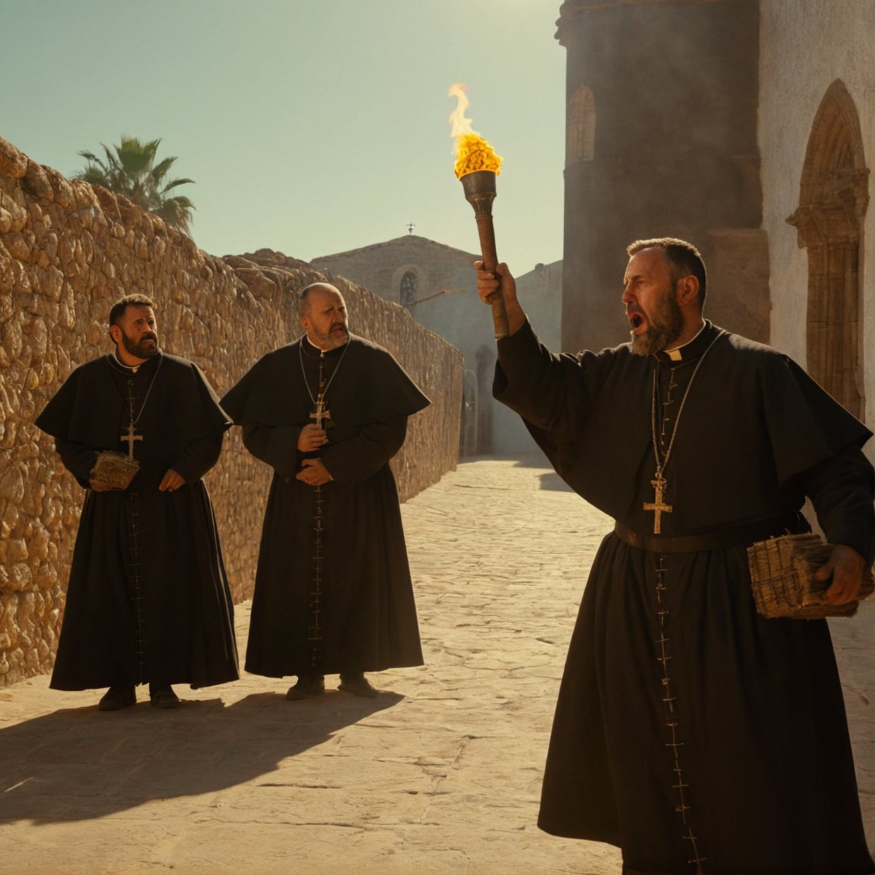 Medium plan.Torches. historically accurate Spanish priests 1400's, 8k, wide shot, cinematic composition, volumetric light, high detail, 8k, hdr, realistic, photography, angry and violent men, sunlight, cinematic, photorealistic, cinematic lighting, cinematic filter, sharp focus, teaching Naive Americans Christianity