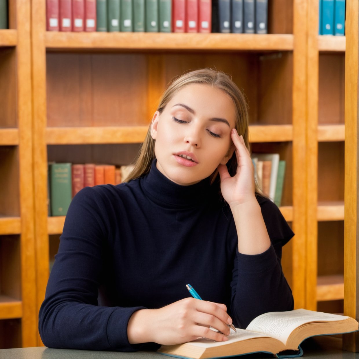 person focuses on study in a bibliotheque,realistic