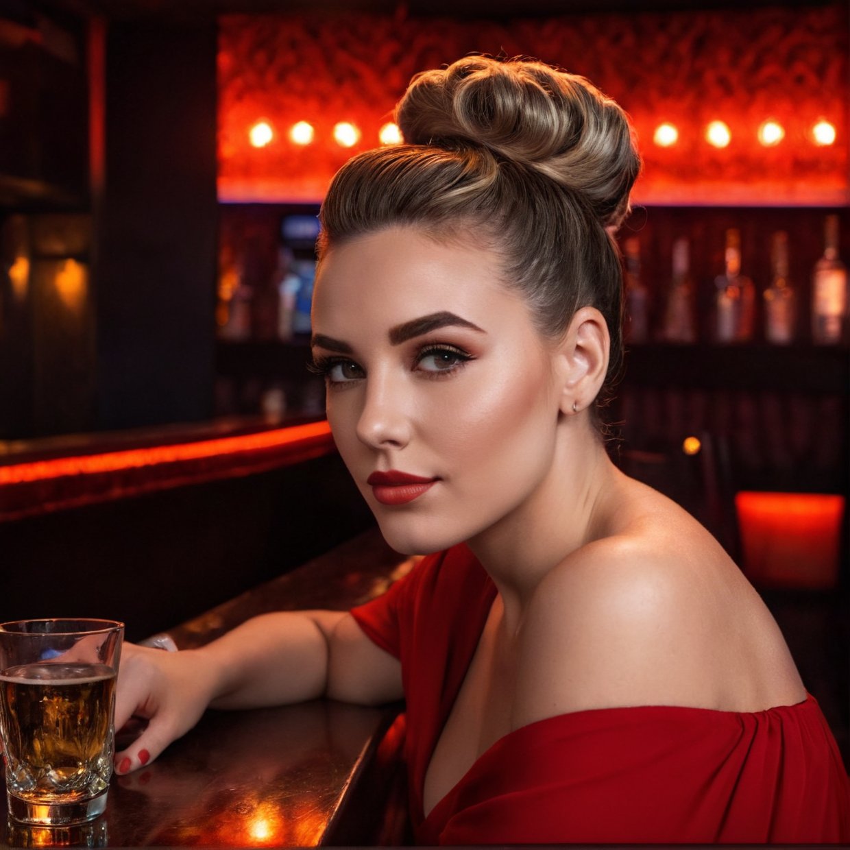 Portrait of Abigail: a stunning woman with an updo, sitting at the bar in a nightclub. This masterpiece is of the best quality, ultra-detailed, and perfect for an 8k HDR wallpaper. Featuring cinematic lighting with sharp focus and intricate details.