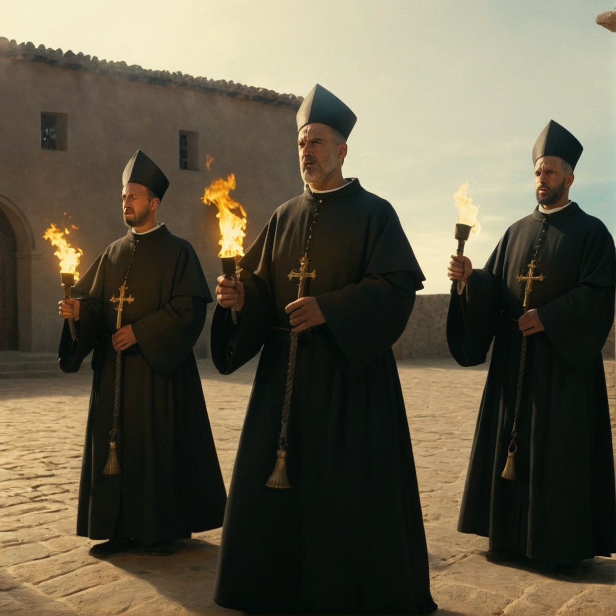 Medium plan.Torches. historically accurate Spanish priests 1400's, 8k, wide shot, cinematic composition, volumetric light, high detail, 8k, hdr, realistic, photography, angry and violent men, sunlight, cinematic, photorealistic, cinematic lighting, cinematic filter, sharp focus, teaching Naive Americans Christianity