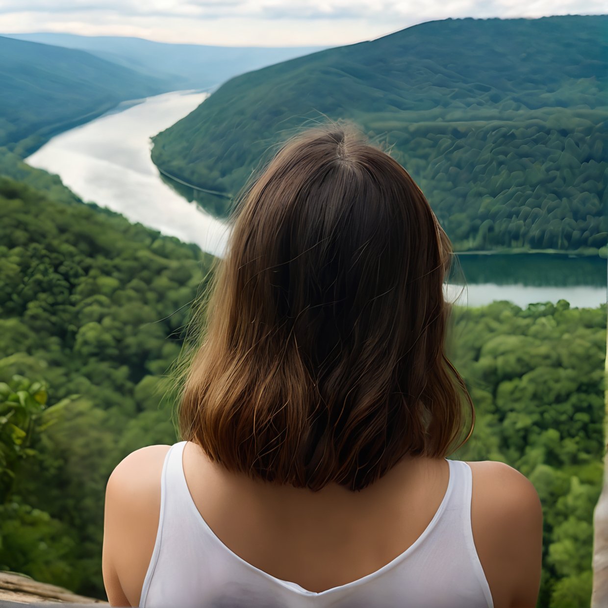 High Resolution, Masterpiece, High Quality, High Definition, Focus on Face of One Young Woman, Human Figure, Overlooking Large Forest from Back, Mountain Landscape, Forest, Nature, River,realistic