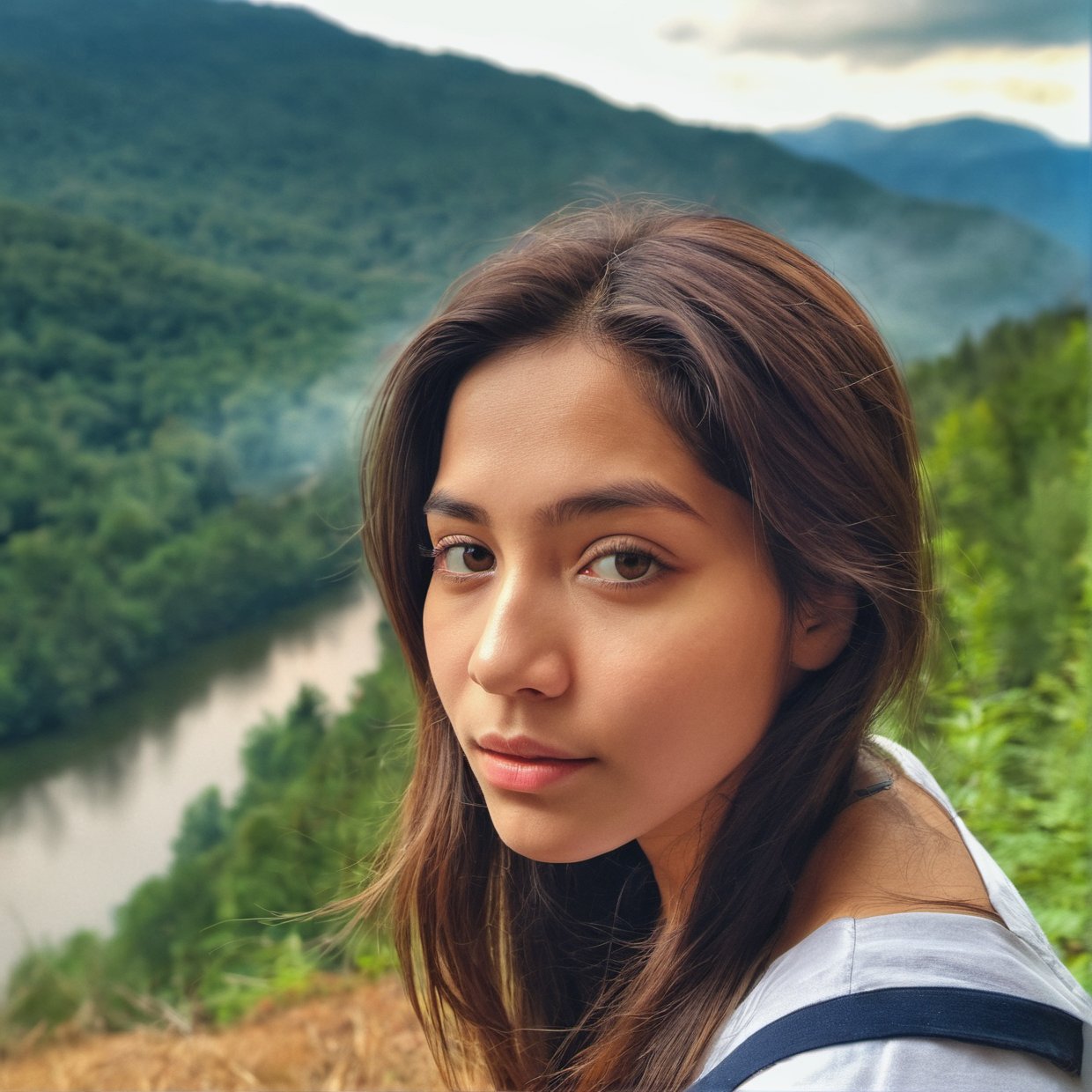 High Resolution, Masterpiece, High Quality, High Definition, Focus on Face of One Young Woman, Human Figure, Overlooking Large Forest from Back, Mountain Landscape, Forest, Nature, River,realistic