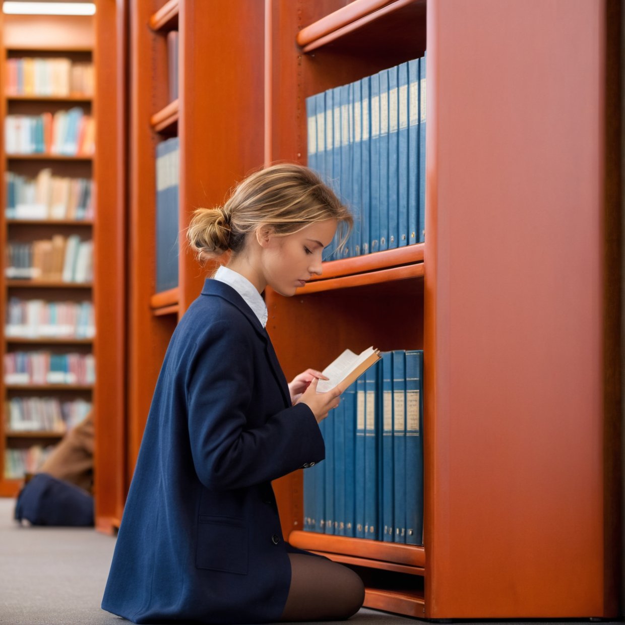 person focuses on study in a bibliotheque,realistic