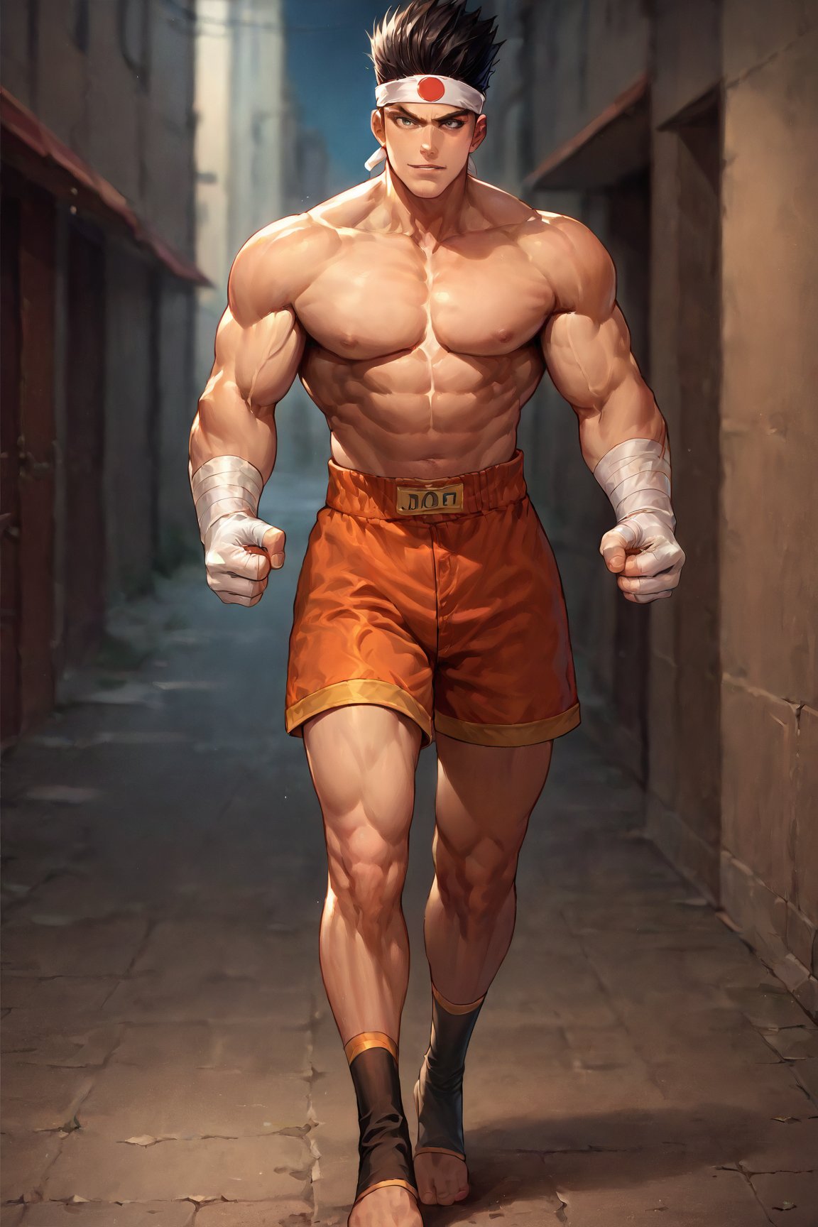 (source_anime, score_9, score_8_up, score_7_up:1),(source_anime, score_9, score_8_up, score_7_up:1), orange shorts, white hands wrap, 1guy, male, (headband), at the streets, night running, ,score_9,JoeHigashi, black hair, ((full body)), brown muay Thai socks, looking to viewer, score_7_up