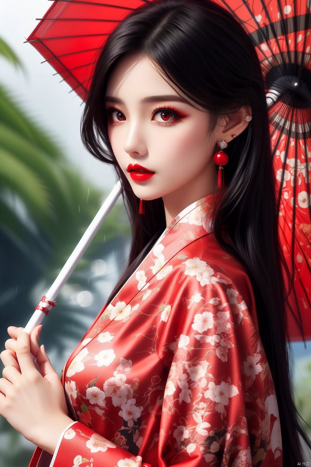  1girl, solo, long hair, looking at viewer, black hair, red eyes, long sleeves, holding, jewelry, upper body, earrings, outdoors, parted lips, japanese clothes, from side, makeup, umbrella, lipstick, holding umbrella, red lips, oil-paper umbrella, red umbrella