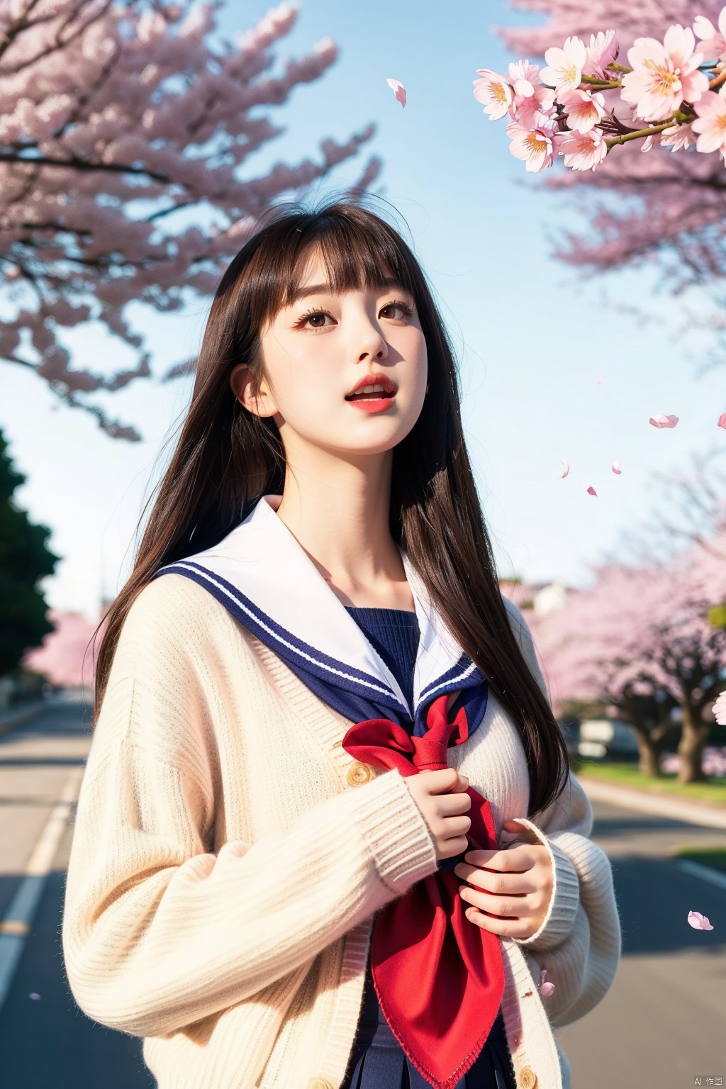  1girl, solo, long hair, looking at viewer, blush, open mouth, bangs, skirt, brown hair, shirt, long sleeves, brown eyes, school uniform, standing, upper body, flower, outdoors, parted lips, sky, serafuku, day, hand up, sailor collar, tree, blue sky, neckerchief, sleeves past wrists, petals, cardigan, blue sailor collar, cherry blossoms, red neckerchief, white cardigan