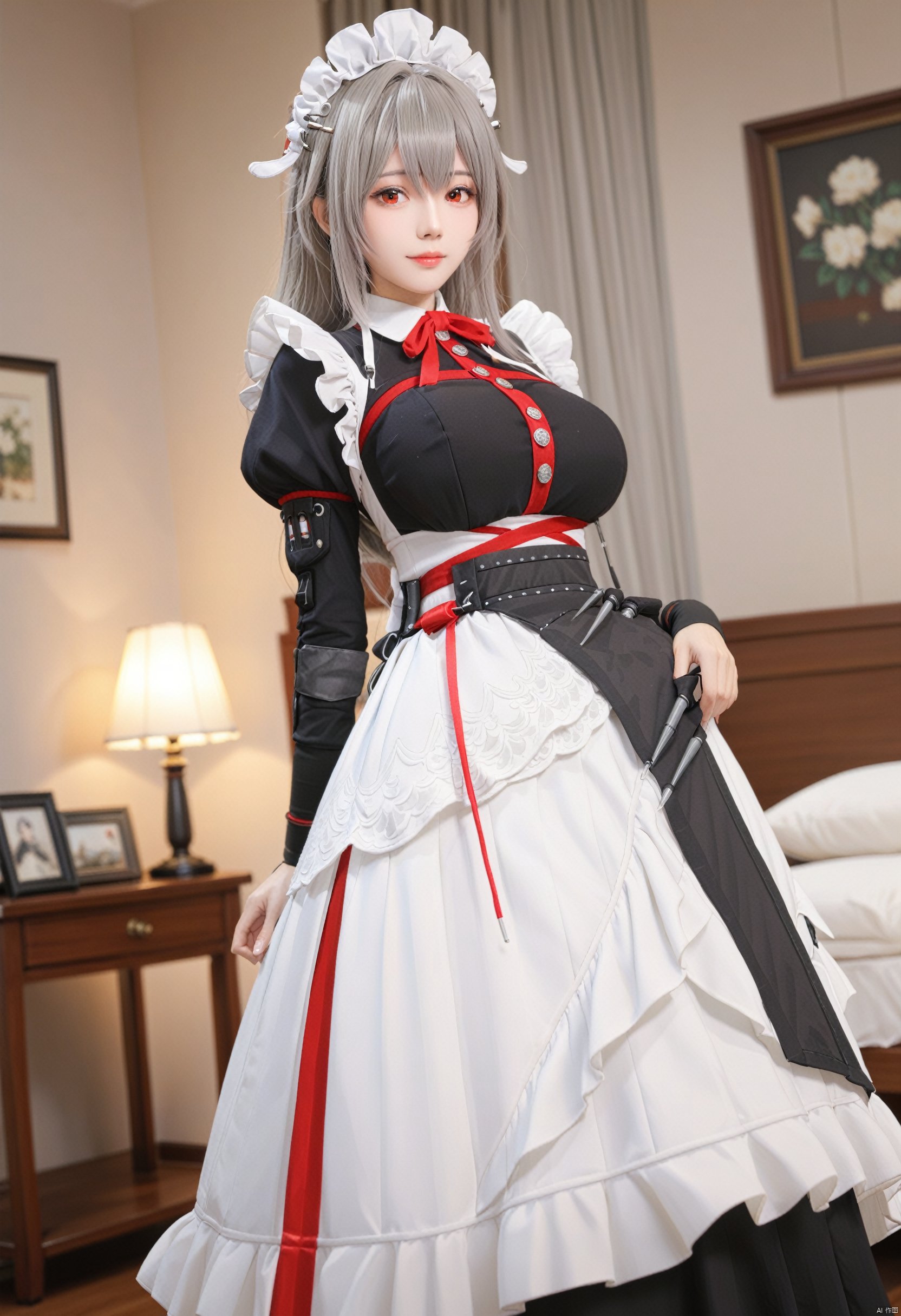 masterpiece,best quality,masterpiece,best quality, 
looking at viewer, rina's def clothes, rina, rina def clothes, long dress, 1girl, red eyes, maid, grey hair, maid headdress, breasts, apron,
BREAK fine fabric emphasis,best quality,masterpiece,best quality,amazing quality,very aesthetic,absurdres,best quality,amazing quality,very aesthetic,absurdres,Highly detailed,best quality,masterpiece,Highly detailed, 