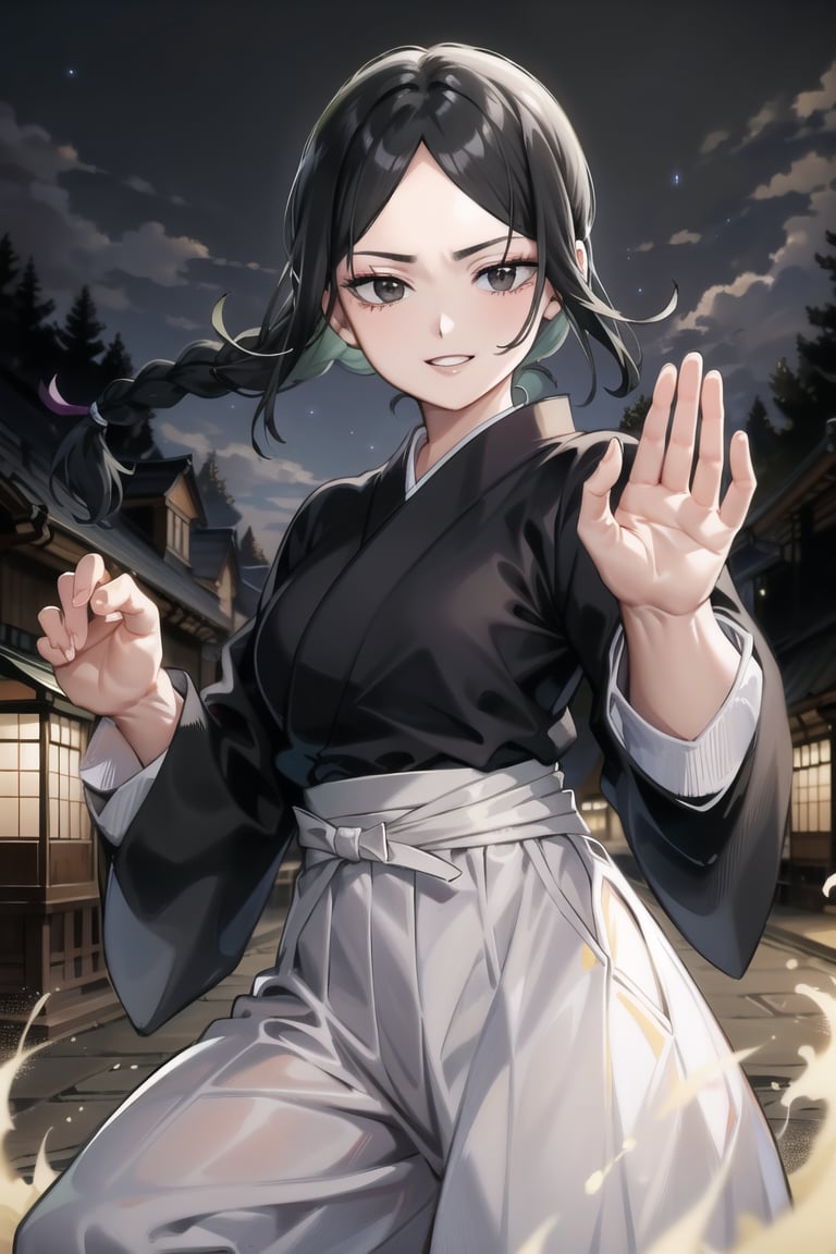 anime, hdr, soft light, ((best quality)), ((masterpiece)), (detailed), (fight stance, hand), ichika, braid, braided ponytail, long hair, single braid, parted bangs, black eyes, cowboy shot, smile, lips, outdoors, japanese clothes, kimono, hakama, long sleeves, skirt, hakama skirt, black kimono,pov_eye_contact, (((aura, dark aura), night