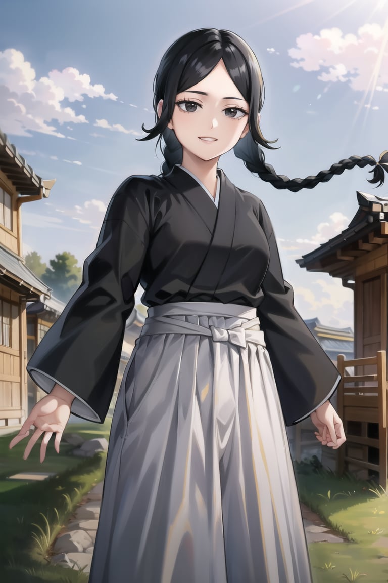 anime, hdr, soft light, ((best quality)), ((masterpiece)), (detailed), ichika, braid, braided ponytail, long hair, single braid, parted bangs, black eyes, cowboy shot, smile, outdoors, japanese clothes, kimono, hakama, long sleeves, skirt, hakama skirt, black kimono,