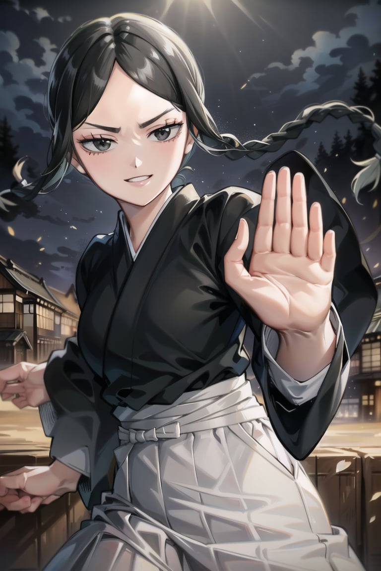 anime, hdr, soft light, ((best quality)), ((masterpiece)), (detailed), (fight stance, hand), ichika, braid, braided ponytail, long hair, single braid, parted bangs, black eyes, cowboy shot, smile, small lips, outdoors, japanese clothes, kimono, hakama, long sleeves, skirt, hakama skirt, black kimono,