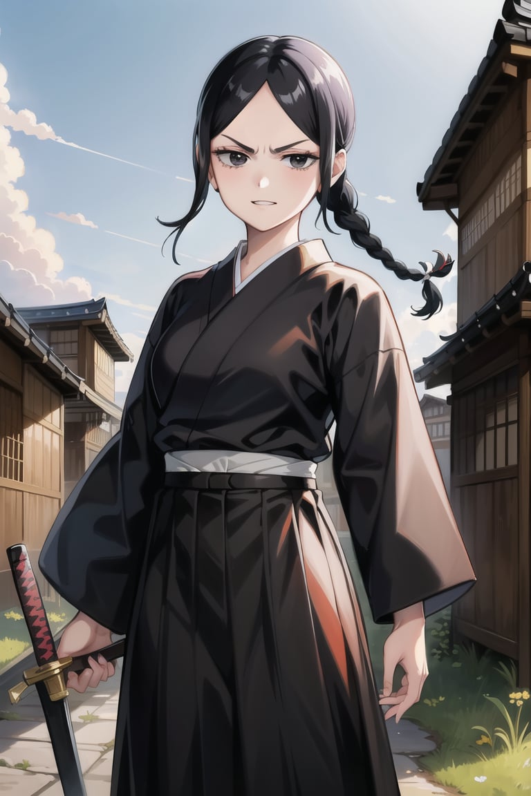 anime, hdr, soft light, ((best quality)), ((masterpiece)), (detailed), ichika, braid, braided ponytail, frown, long hair, single braid, parted bangs, black eyes, cowboy shot, smile, outdoors, japanese clothes, kimono, hakama, long sleeves, skirt, hakama skirt, black kimono, weapon, sword, katana, sheath