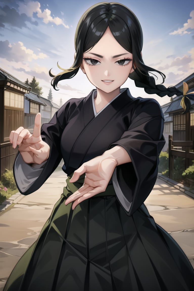 anime, hdr, soft light, ((best quality)), ((masterpiece)), (detailed), (fight stance, hand), ichika, braid, braided ponytail, long hair, single braid, parted bangs, black eyes, cowboy shot, smile, lips, outdoors, japanese clothes, kimono, hakama, long sleeves, skirt, hakama skirt, black kimono,pov_eye_contact