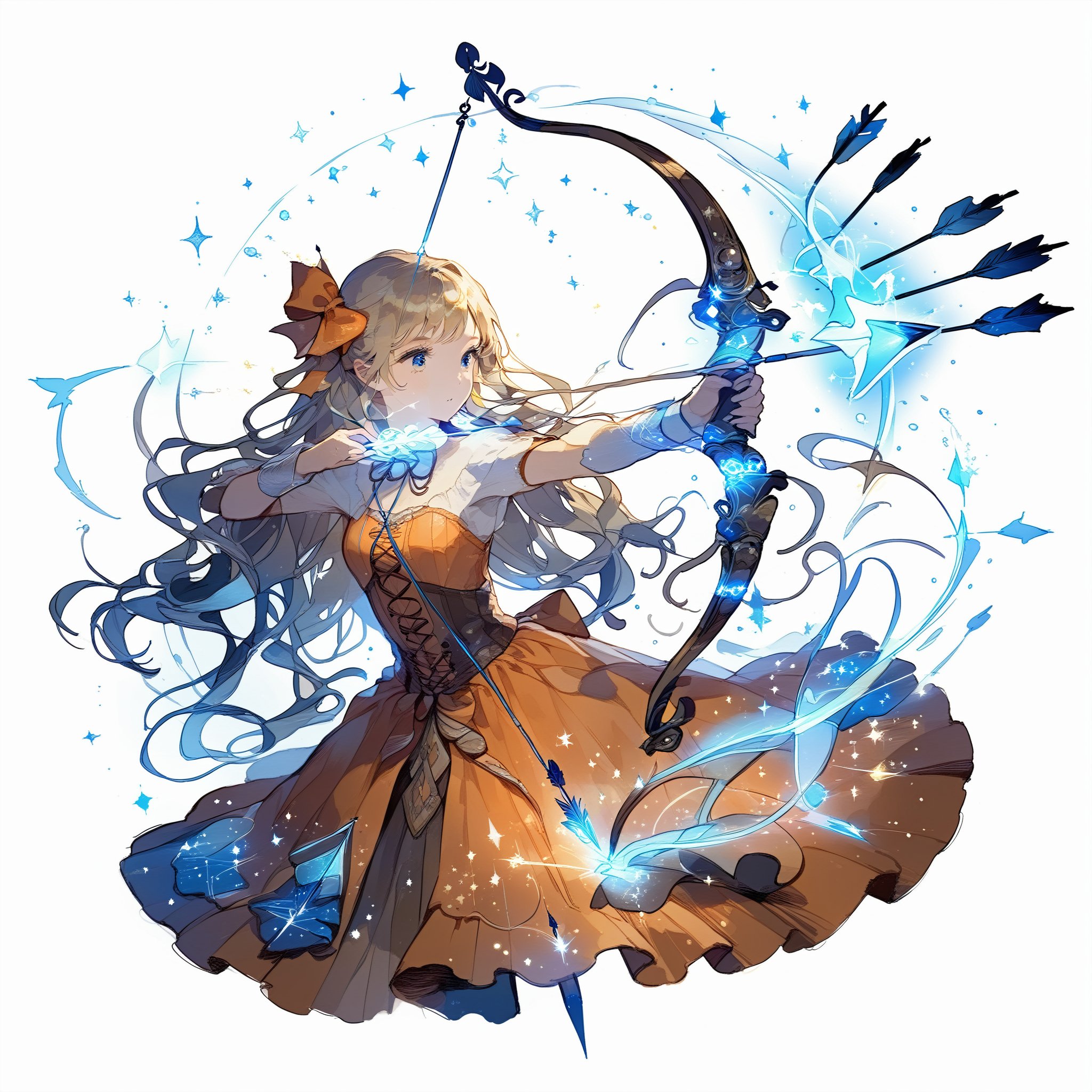 Illustration of a girl drawing a huge bow embodied by magic.
The girl is staring in the direction of the arrow, 
The bow is made of magic and glows blue.
The girl is wearing a beautiful orange dress.
A masterpiece, top quality, aesthetic, 
White background, 