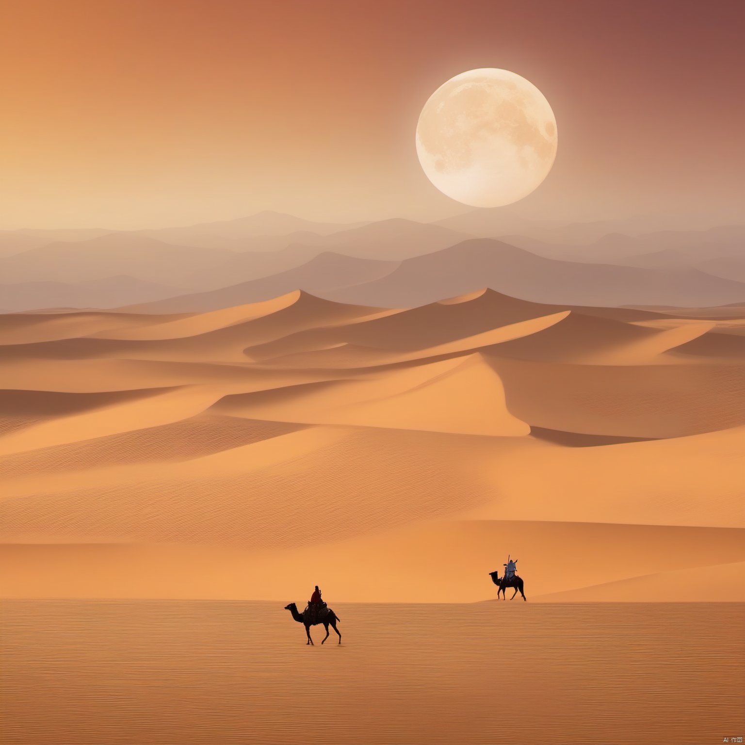 desert_sky,outdoors,sky,moon,scenery,desert,wide shot,animal, landscape, tang_hanfu, FANTASY