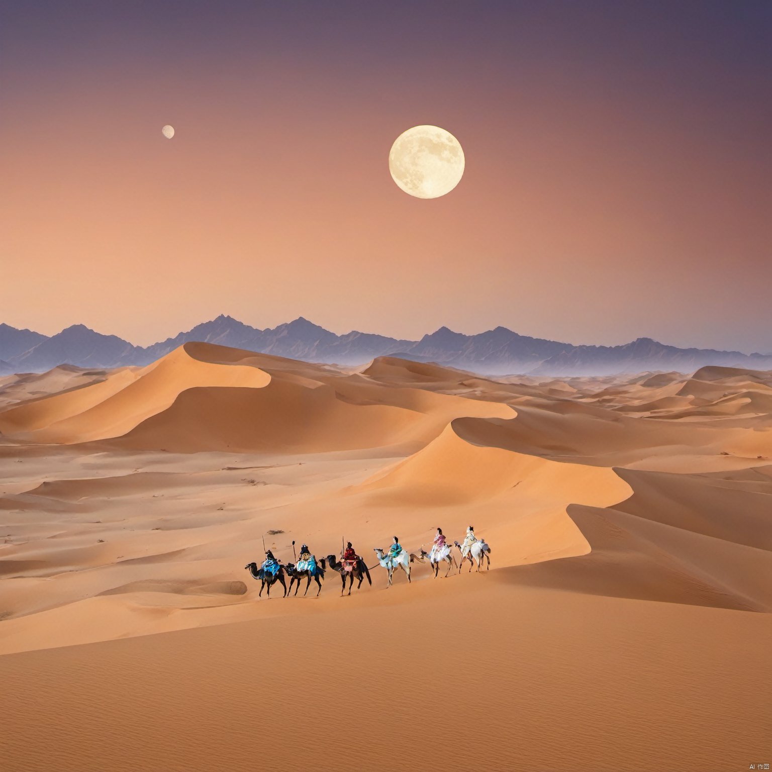 desert_sky,outdoors,sky,moon,scenery,desert,wide shot,animal, landscape, tang_hanfu, FANTASY