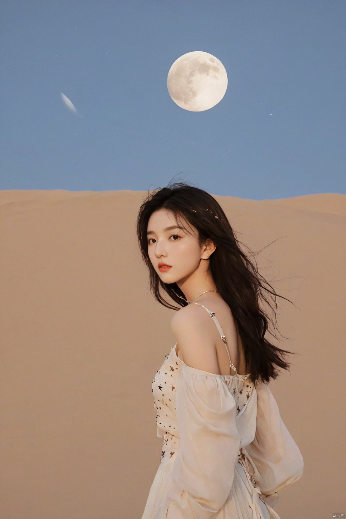 sky_moon,sky,full moon,scenery,desert,1girl,,star,more detail XL,xxmixgirl, xxmix_girl, monkren, qingyi