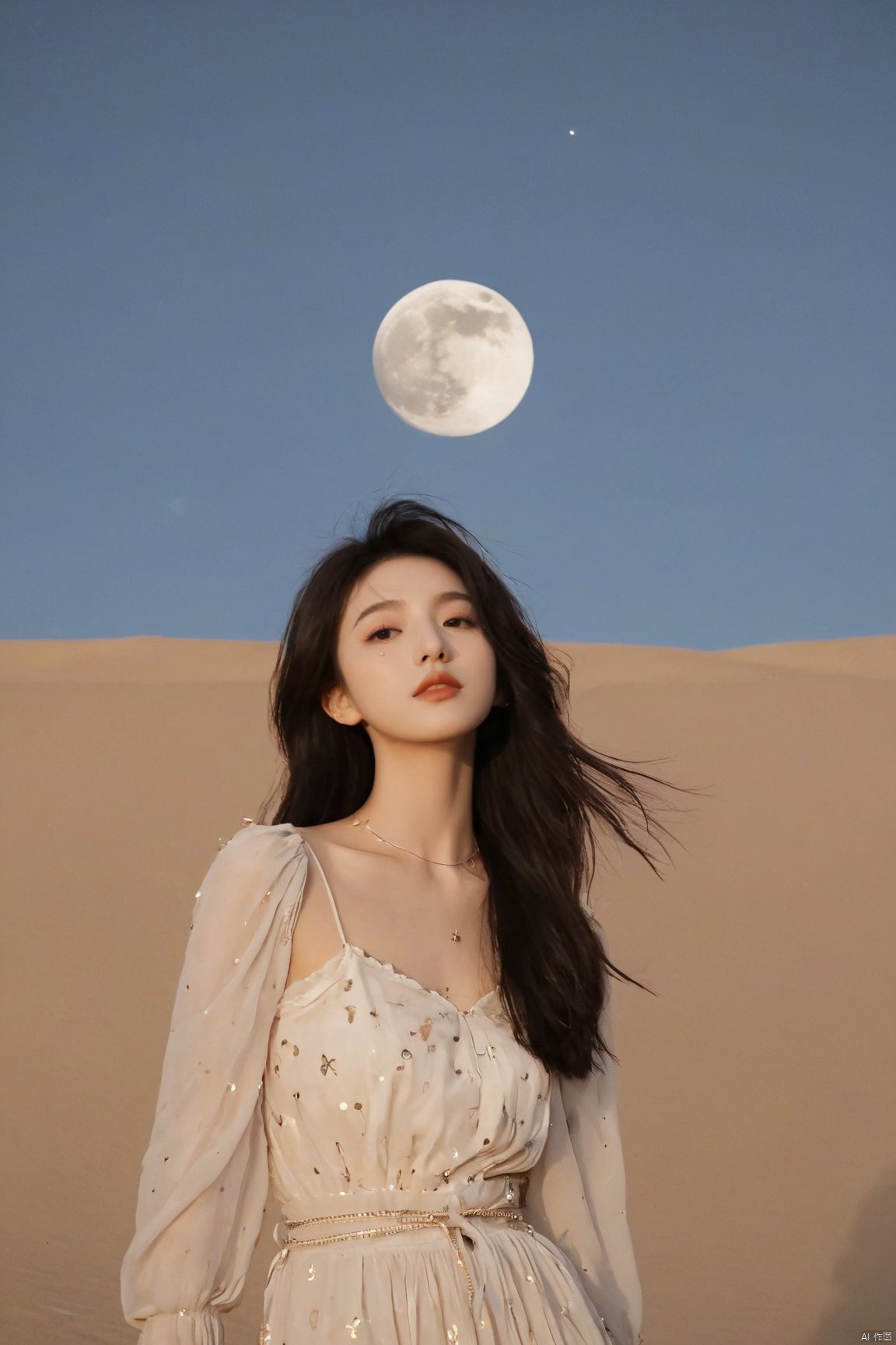 sky_moon,sky,full moon,scenery,desert,1girl,,star,more detail XL,xxmixgirl, xxmix_girl, monkren, qingyi