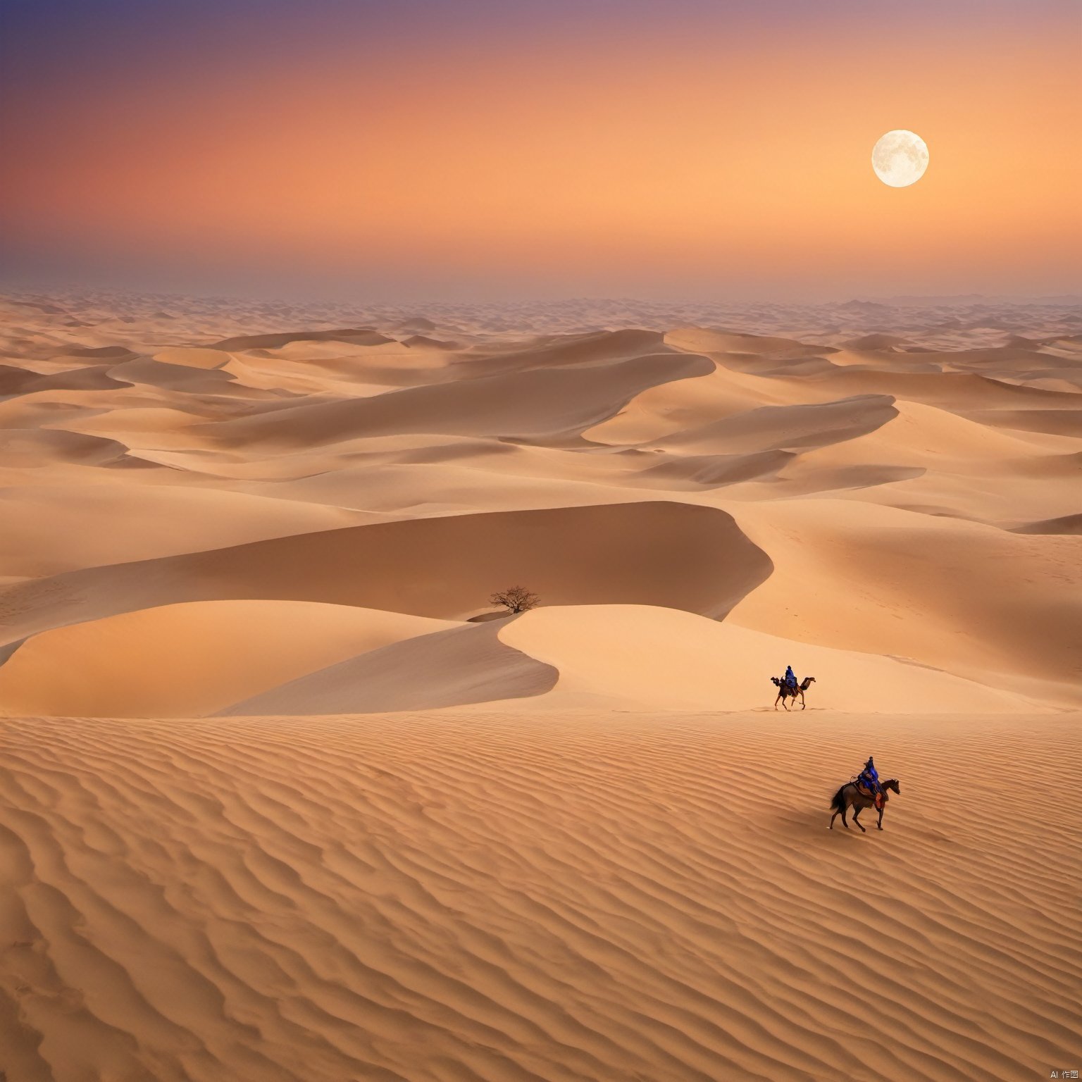 desert_sky,outdoors,sky,moon,scenery,desert,wide shot,animal, landscape, tang_hanfu, FANTASY