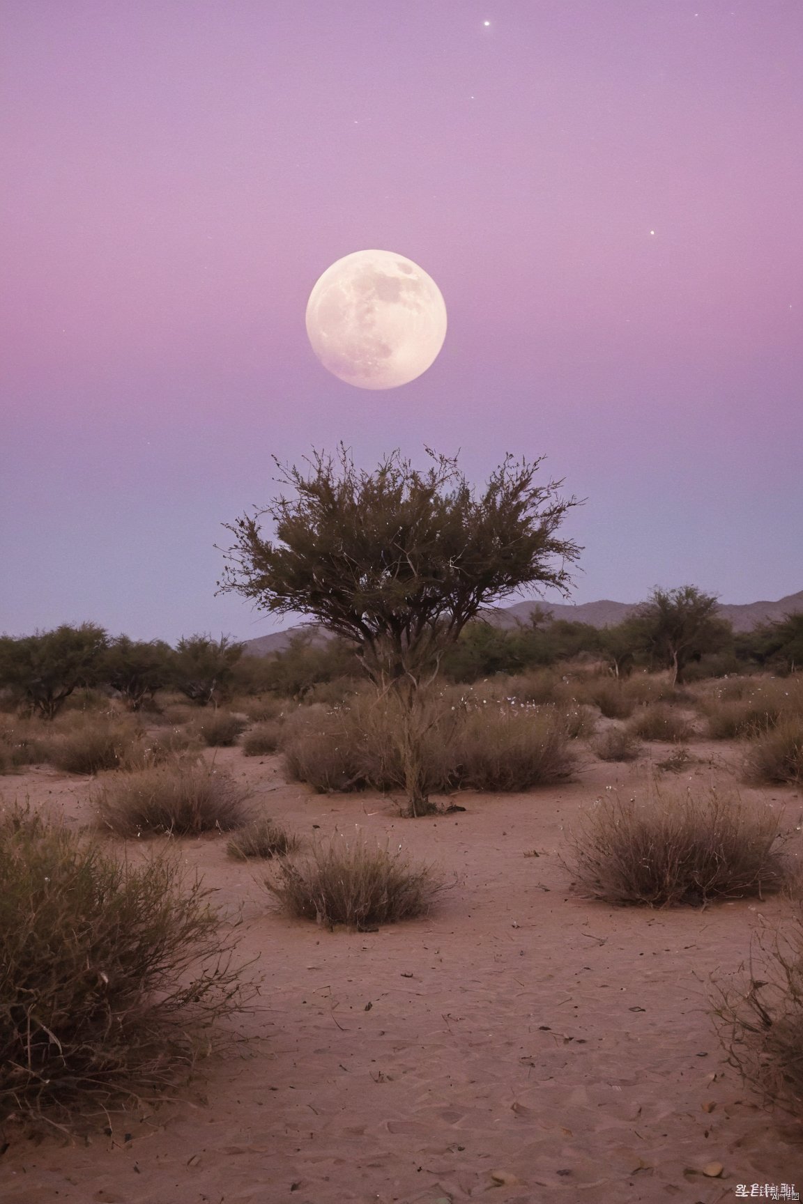 desert_sky,1girl,solo,full moon,scenery,desert,pink-purple sky,star,more detail XL,xxmixgirl, xxmix_girl, monkren, qingyi,tree,grass,flower 