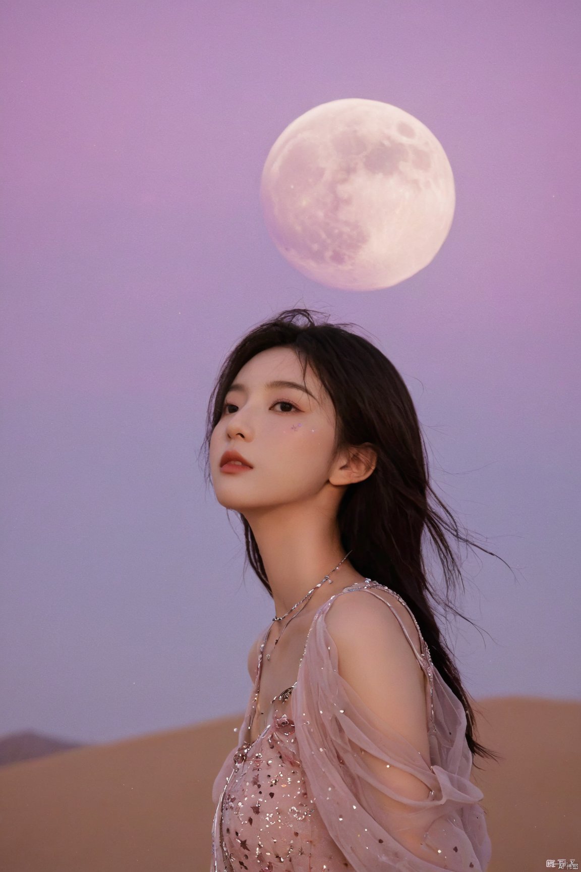 desert_sky,1girl,solo,full moon,scenery,desert,pink-purple sky,star,more detail XL,xxmixgirl, xxmix_girl, monkren, qingyi,