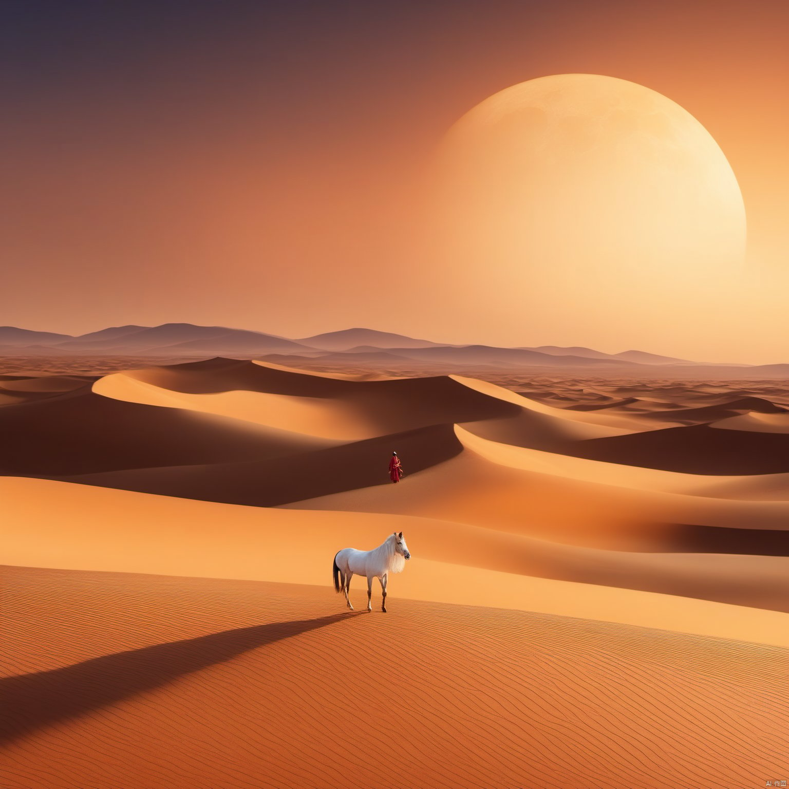 desert_sky,outdoors,sky,moon,scenery,desert,wide shot,animal, landscape, tang_hanfu, FANTASY