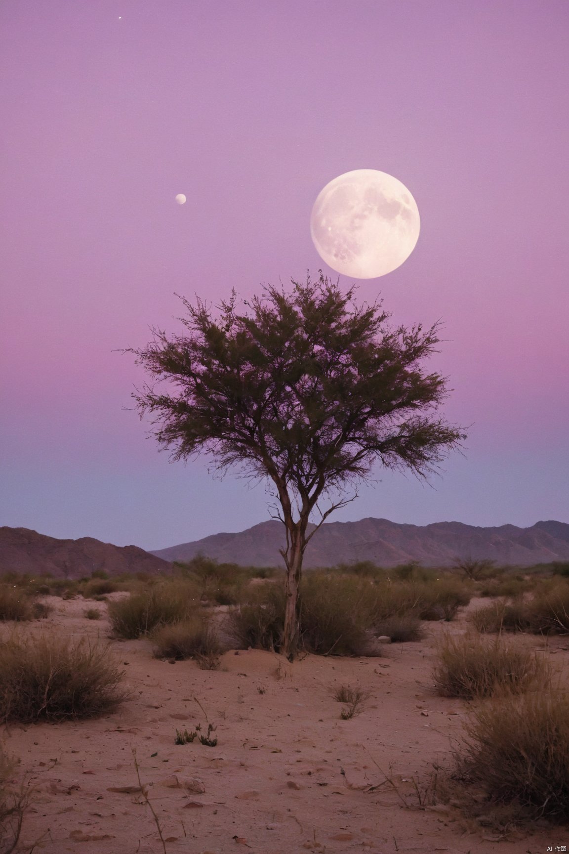 desert_sky,1girl,solo,full moon,scenery,desert,pink-purple sky,star,more detail XL,xxmixgirl, xxmix_girl, monkren, qingyi,tree,grass,flower 