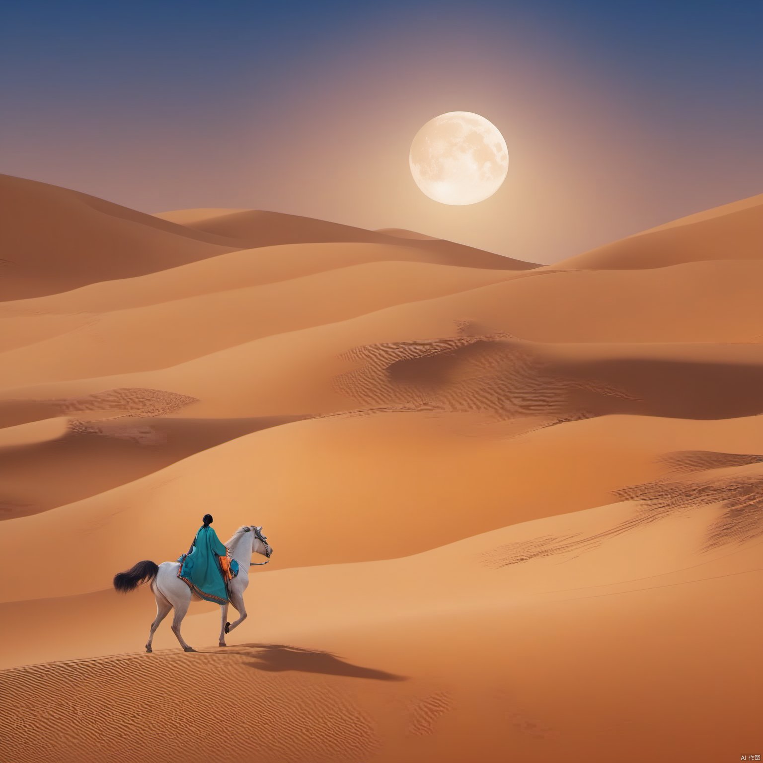 desert_sky,outdoors,sky,moon,scenery,desert,wide shot,animal, landscape, tang_hanfu, FANTASY