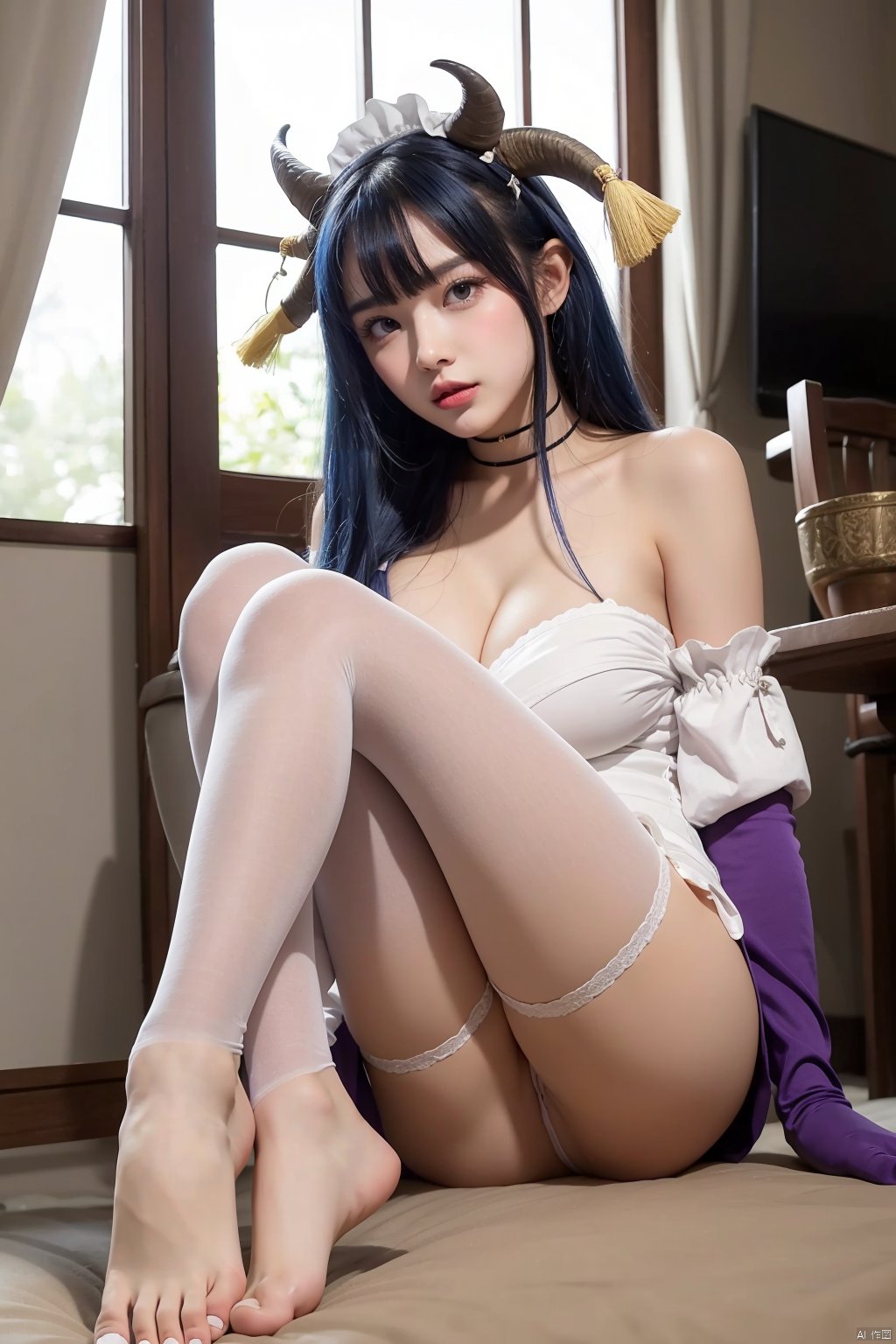 TT, 1girl, ganyu \(genshin impact\), feet, solo, blue hair, no shoes, horns, breasts, soles, purple eyes, gloves, long hair, pantyhose, ahoge, looking at viewer, maid headdress, bare feet, bare shoulders, sitting, toes, holding, bangs, alternate costume, bodystocking, full body, medium breasts, signature, maid, goat horns, detached sleeves, dress, tassel, blush, flower knot, bell, legs, sidelocks, foot focus, smile, foreshortening, closed mouth, enmaided, artist name, hair between eyes