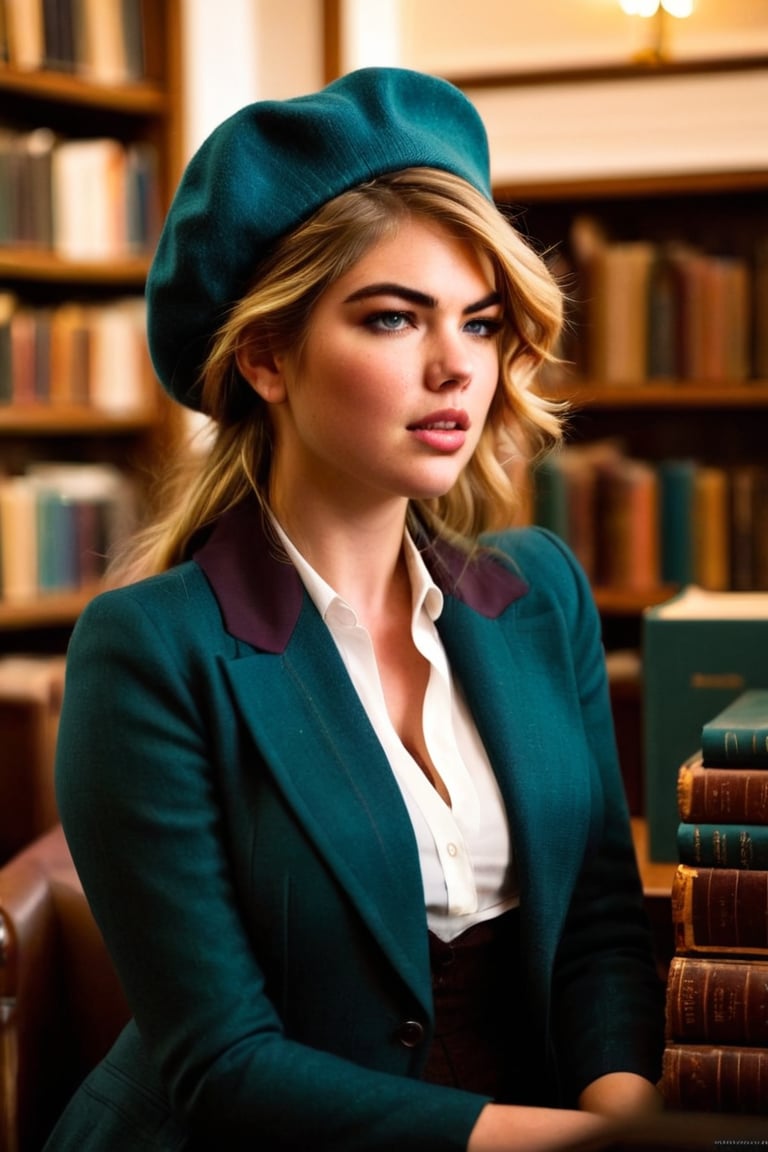 HQ photography, closeup portrait, sharp focus, bokeh background, high contrast, In a serene, cinematic setting, a lovely, young woman, reminiscent of Angeline, sits in an antique university library, looking at the book, Degas-like attention to detail captures every curl and curve of her body. In the background, an antique library full of books and ladders is bathed by the afternoon sun rays, creating a sense of depth and atmosphere. The overall effect is stunning, with cinematic flair, masterpiece, shines brightly on ArtStation, trending for all to admire.,dark academia outfit, brown teal color palette, Rembrandt Lighting Style,darkacademia,photorealistic,tweed blazer, collar shirt, beret,Kodak Motion Picture Film Style, cute face, young face, ,ohwx, Kate Upton