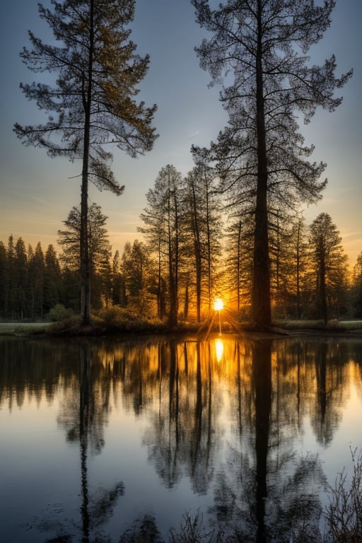 photorealistic, HDR, 128k, texture clarity, detailed texture, maximum realism, high quality textures, sunset, lake, trees