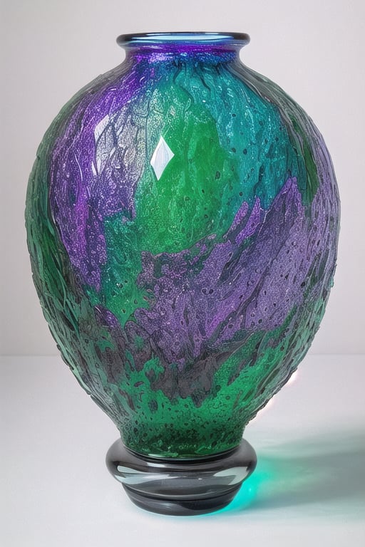 photorealistic, 128k, texture clarity, maximum realism, high quality textures, (glass sculptures:1.2), green, blue, purple, pink