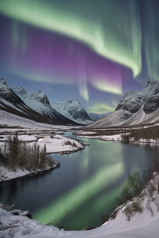 photorealistic, 128k, texture clarity, maximum realism, high quality textures, deep night, snowy mountains, northern lights, vivid colors, reflective lakes