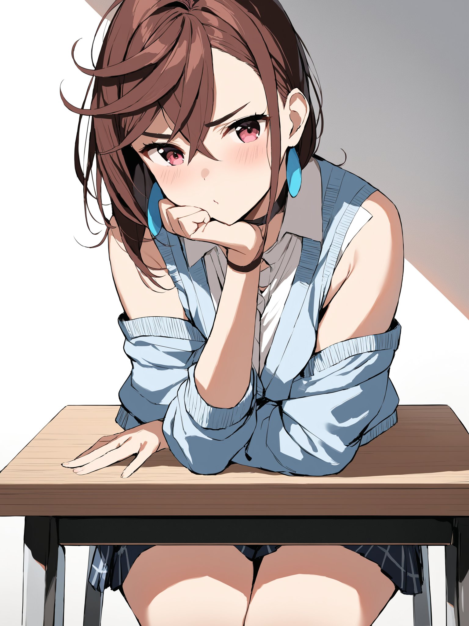 (m0m0ayase) sitting and pouting, hand on chin, elbow on table, cardigan school uniform, skirt, bubble socks, front view, messy hair, cute pose, cowboy shot, masterpiece, ultra high resolution, best quality, 1080p

