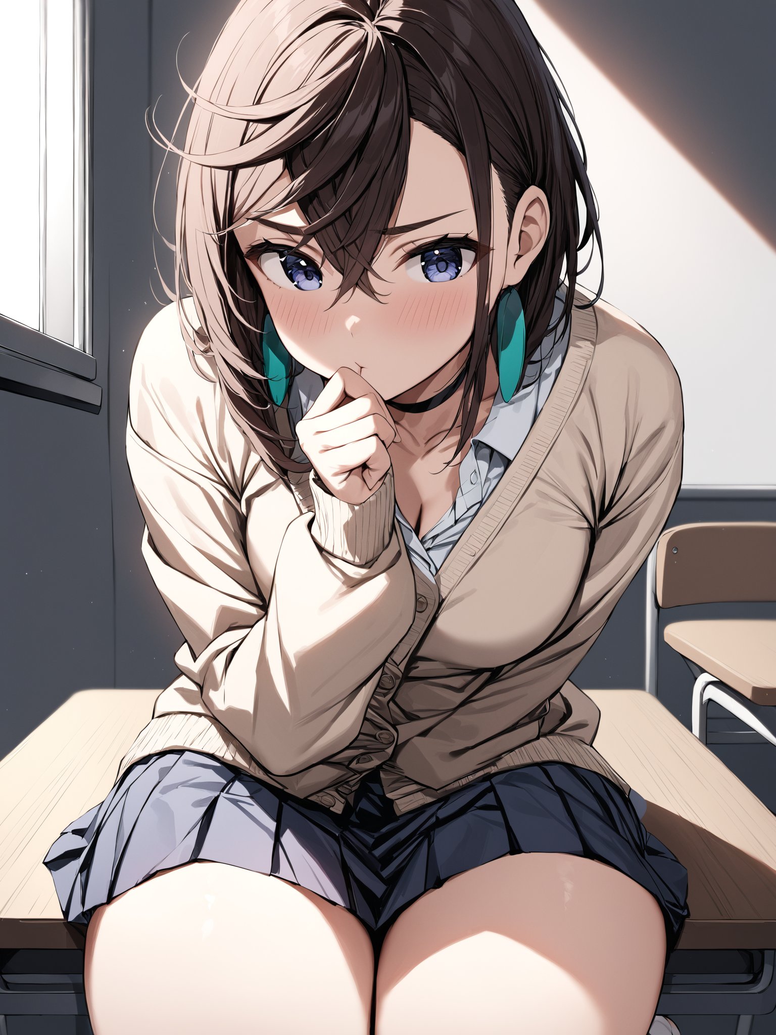 (m0m0ayase) sitting and pouting, hand on chin, elbow on table, cardigan school uniform, skirt, bubble socks, front view, messy hair, cute pose, cowboy shot, school classroom, masterpiece, ultra high resolution, best quality, 1080p

