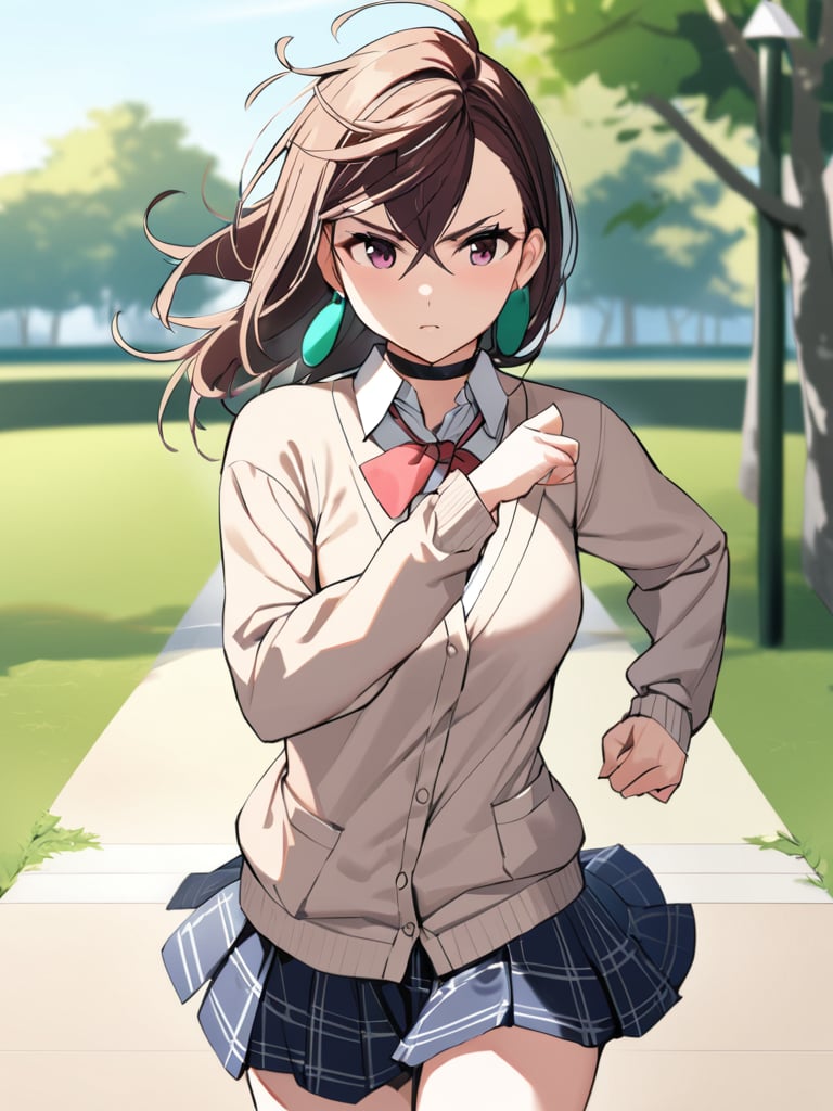 (m0m0ayase) running, serious, cardigan school uniform, skirt, bubble socks, front view, messy hair, cool pose, at the park, cowboy shot, masterpiece, ultra high resolution, best quality, 1080p

