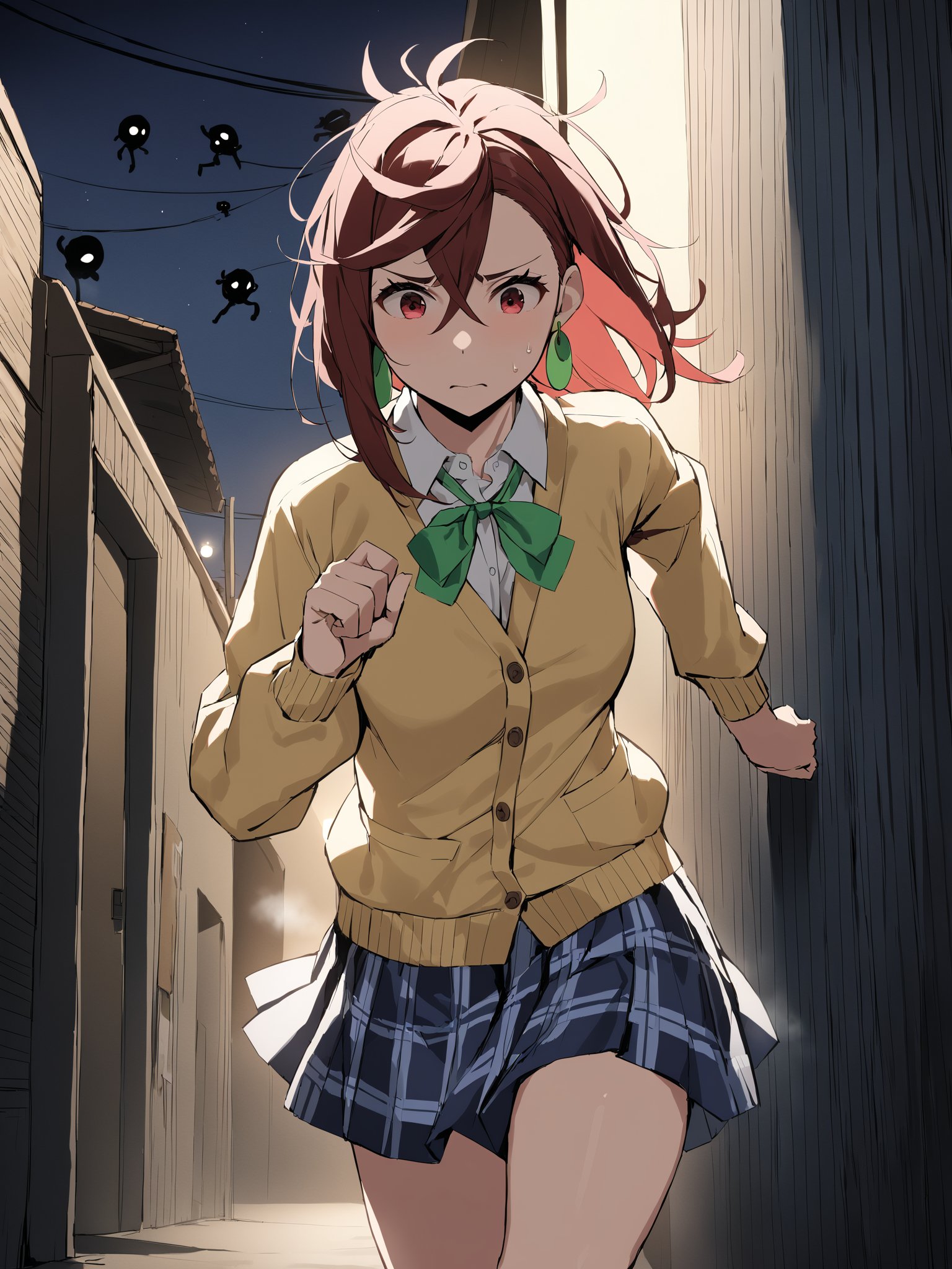 (m0m0ayase) frantic, nervous, running, cardigan school uniform, skirt, bubble socks, green earings, front view, messy hair, cool pose, 6+ aliens next to girl, nightmare, scary, horror, cowboy shot, back alley, night, masterpiece, ultra high resolution, best quality, 1080p

