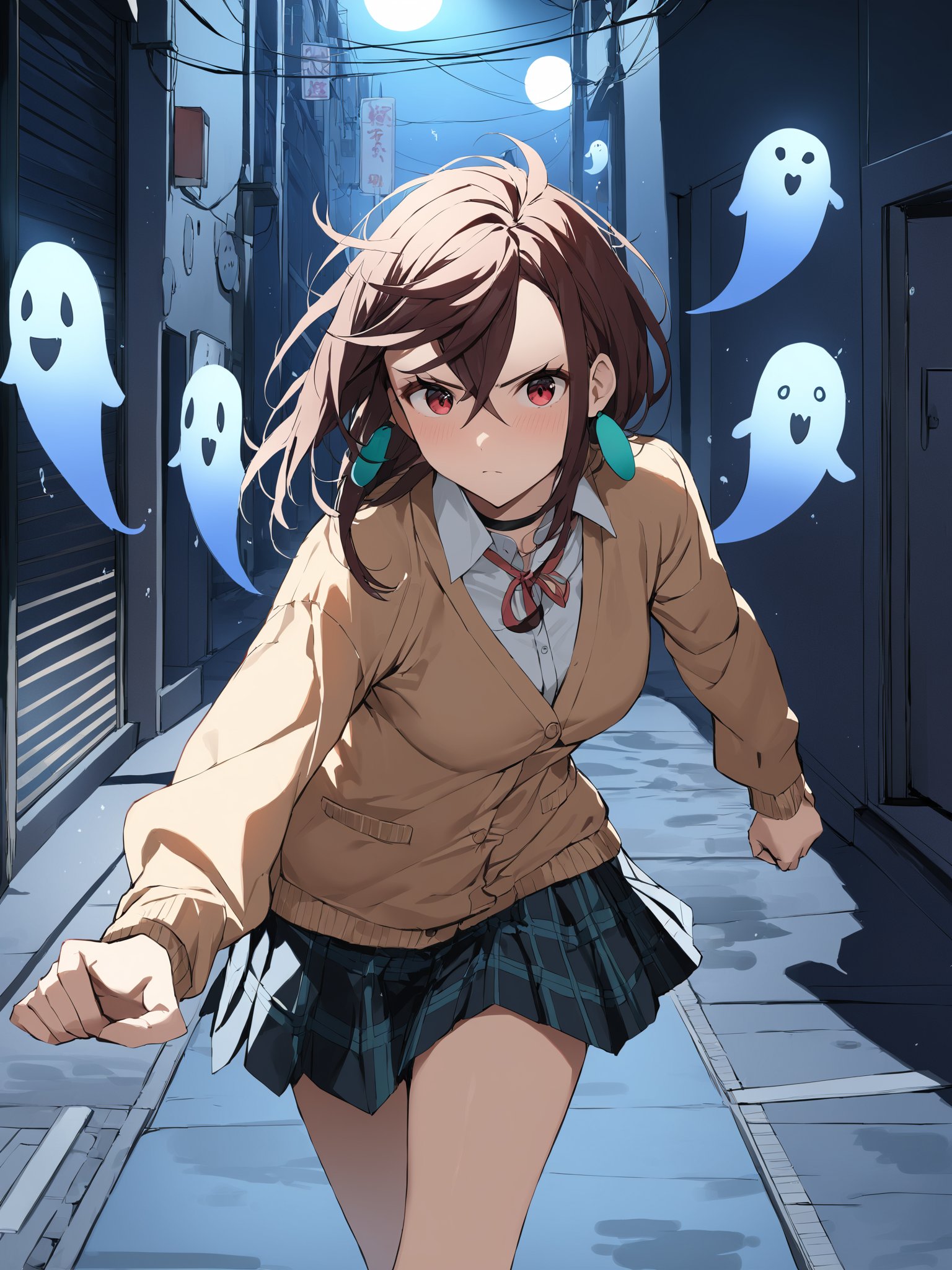 (m0m0ayase) running, serious, cardigan school uniform, skirt, bubble socks, front view, messy hair, ghosts, evil spirits, dark, monsters, alley, night, cool pose, cowboy shot, masterpiece, ultra high resolution, best quality, 1080p

