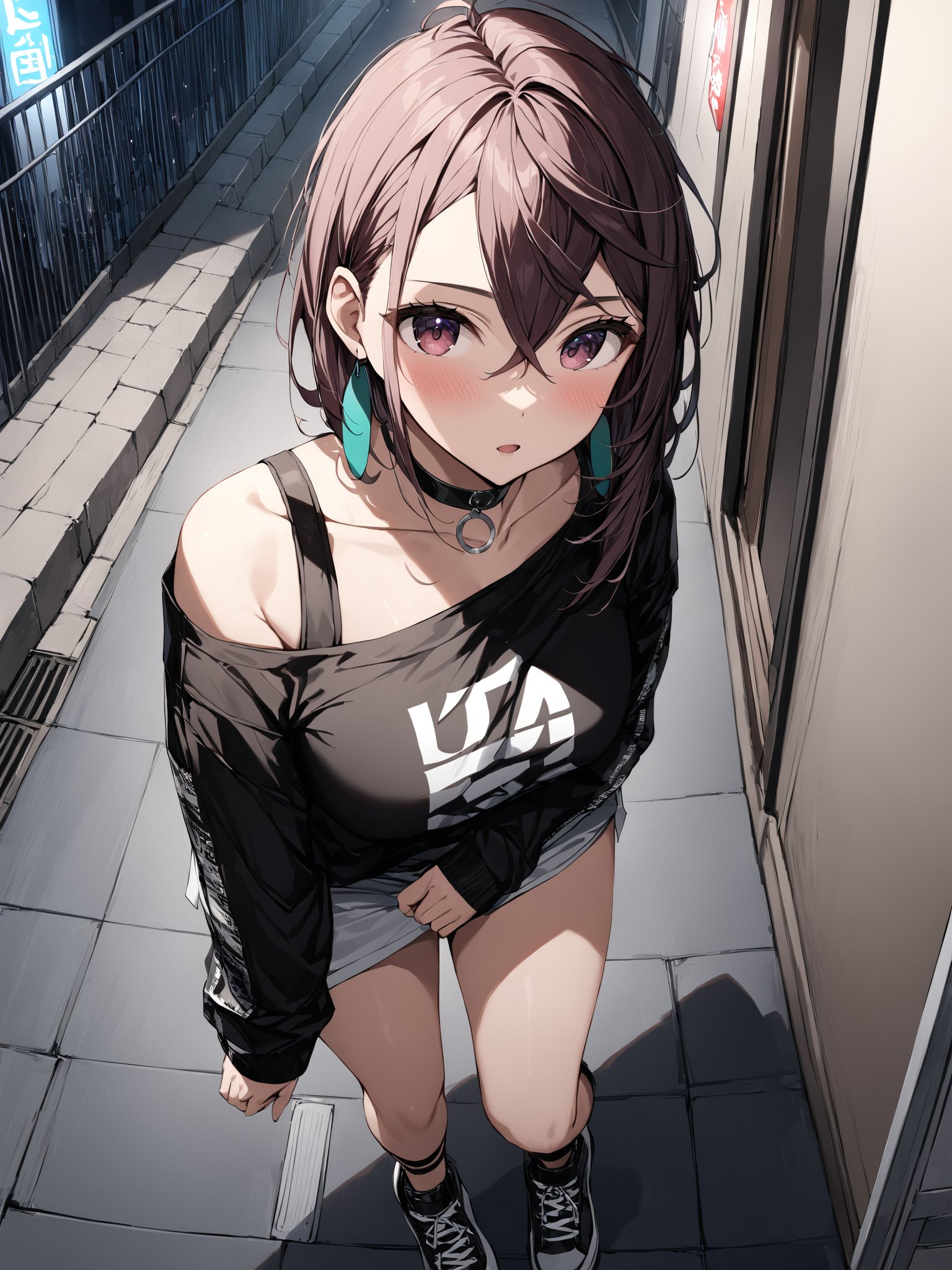 (m0m0ayase) crouching, black choker, casual punk rock outfit, sneakers, front view, messy hair, on the side walk, busy tokyo street, night, above view, cowboy shot, masterpiece, ultra high resolution, best quality, 1080p

