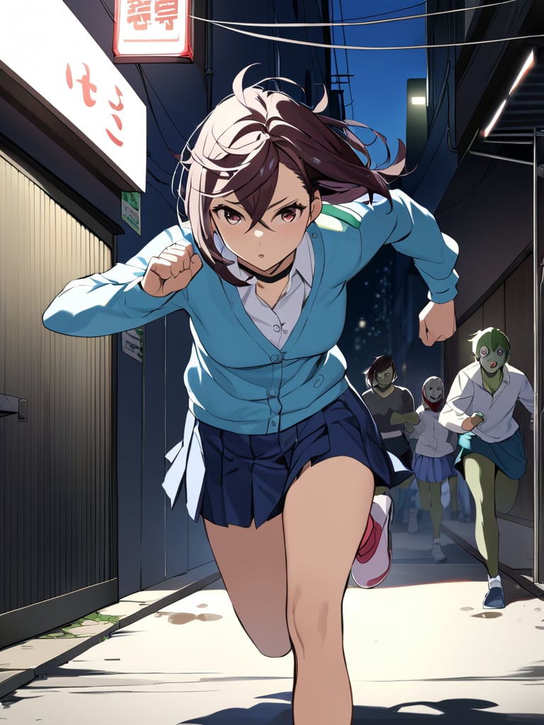 (m0m0ayase) serious, running, cardigan school uniform, skirt, bubble socks, front view, messy hair, cool pose, lots of zombies next to girl, cowboy shot, back alley, night, masterpiece, ultra high resolution, best quality, 1080p

