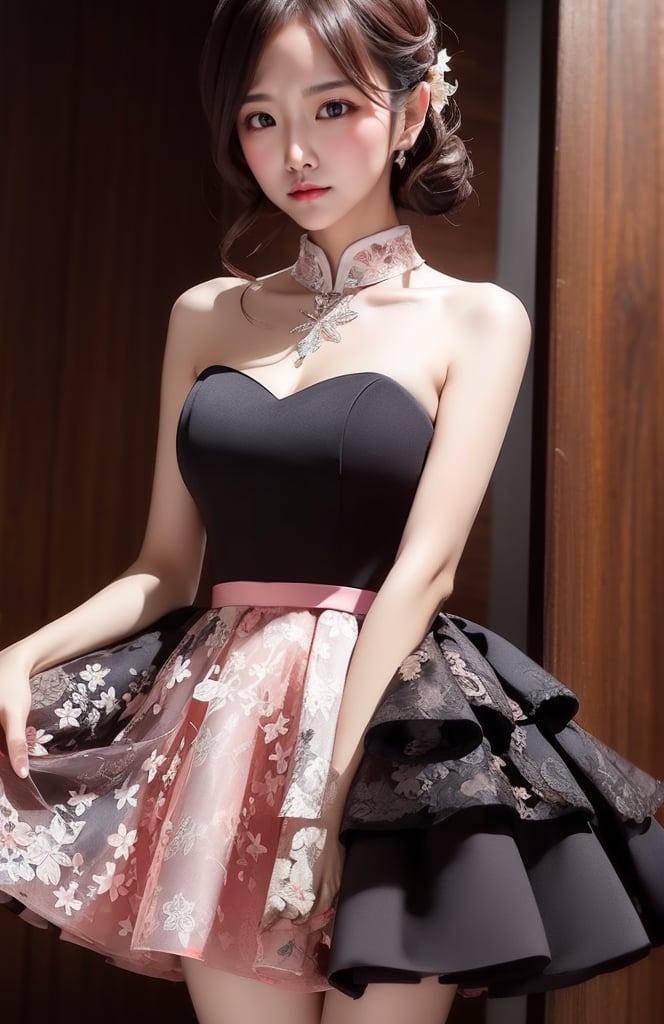 A beautifu lady with (curvy sharp), wearing (dual color dress:1.3) with (sweetheart neck:1.3), (high collar), (tiered skirt:1.4), (with head), fine floral, fine lace, delicate necklace, hairpin, black hair, catch light, lip stain, (look at viwer), (cowboy shot), solo, from front, masterpieces, RAW, best quality, high resolution, bright scene, soft color, low contrast, dressing room background