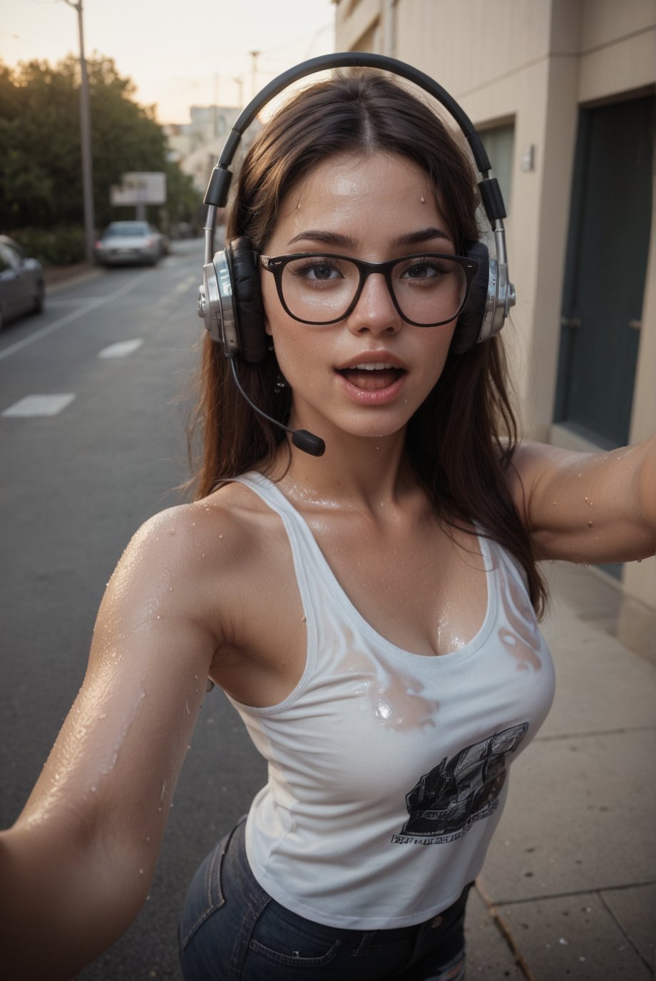 score_9,score_8_up, score_7_up, score_6_up, score_5_up, score_4_up,hyper realism, photo realistic, 8k, digital slr, 1girl, brunette woman, glasses, singing, headphones, selfie arm, fisheye view, from above, white tank top, sweaty, sweaty brow, sweat dripping from chin, sweat stained wet clothes, outdoors, on sidewalk, converse all stars, 